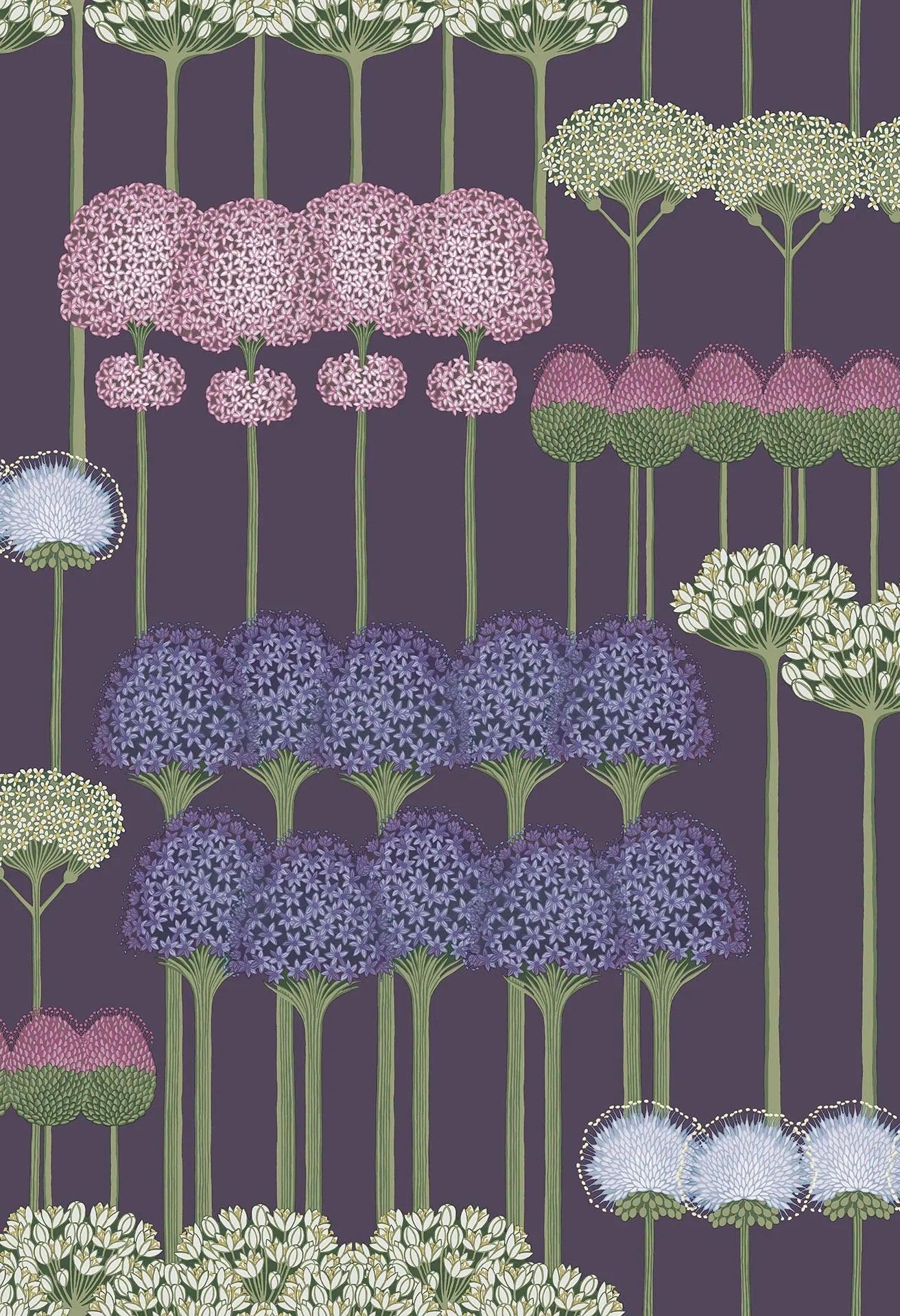 Tapeta s rostlinným motivem květin BOTANICAL BOTANICA - Allium vřes na tmavém fialovém pozadí