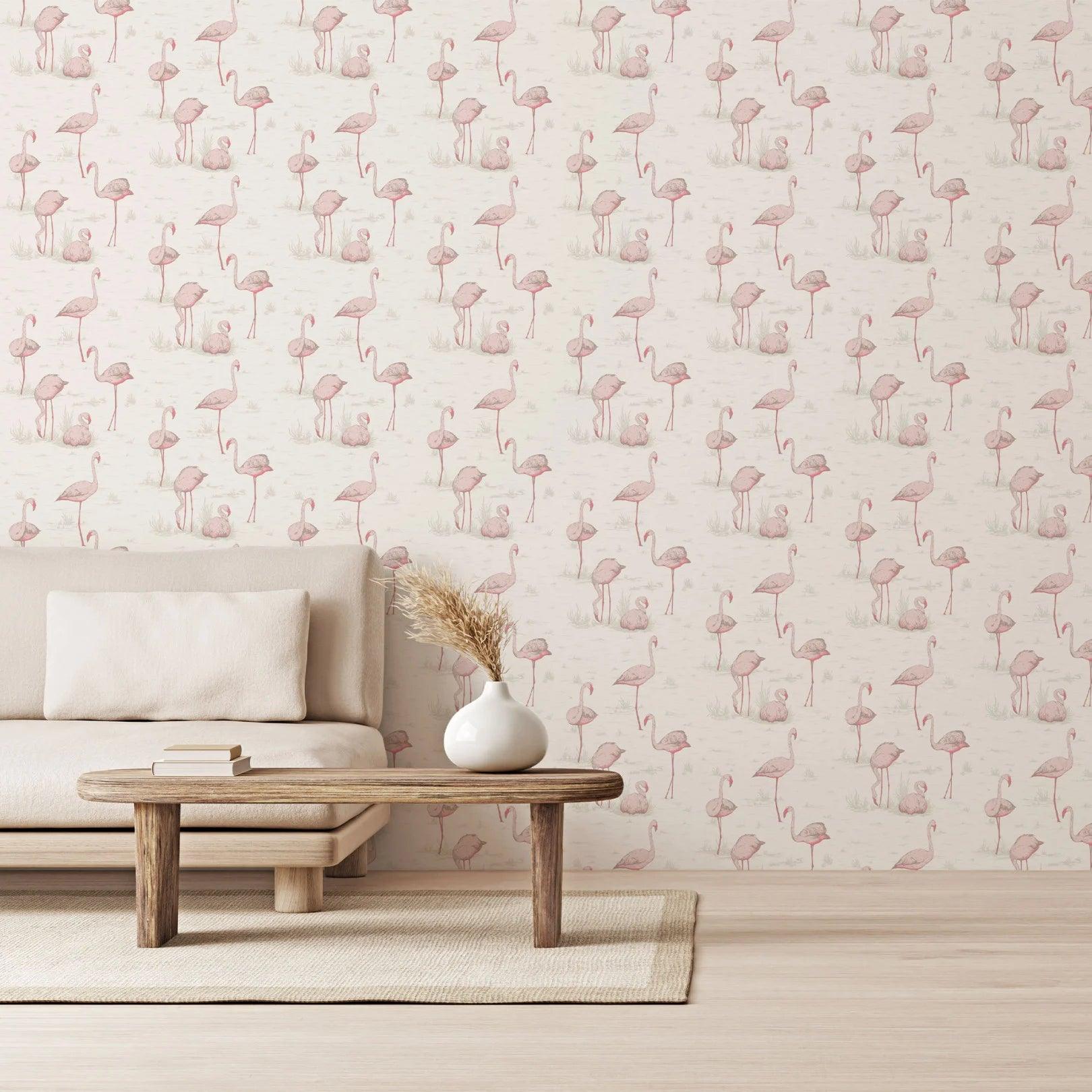Wallpaper with an animal motif of flamingos CONTEMPORARY COLLECTION - Metallic Silver Flamingos
