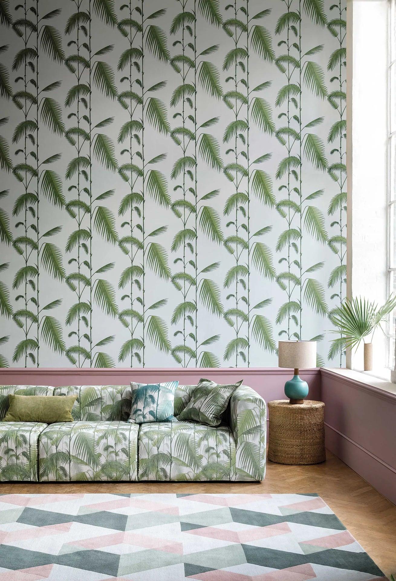 Wallpaper with a plant motif of palm leaves CONTEMPORARY COLLECTION - Palm Leaves green on beige