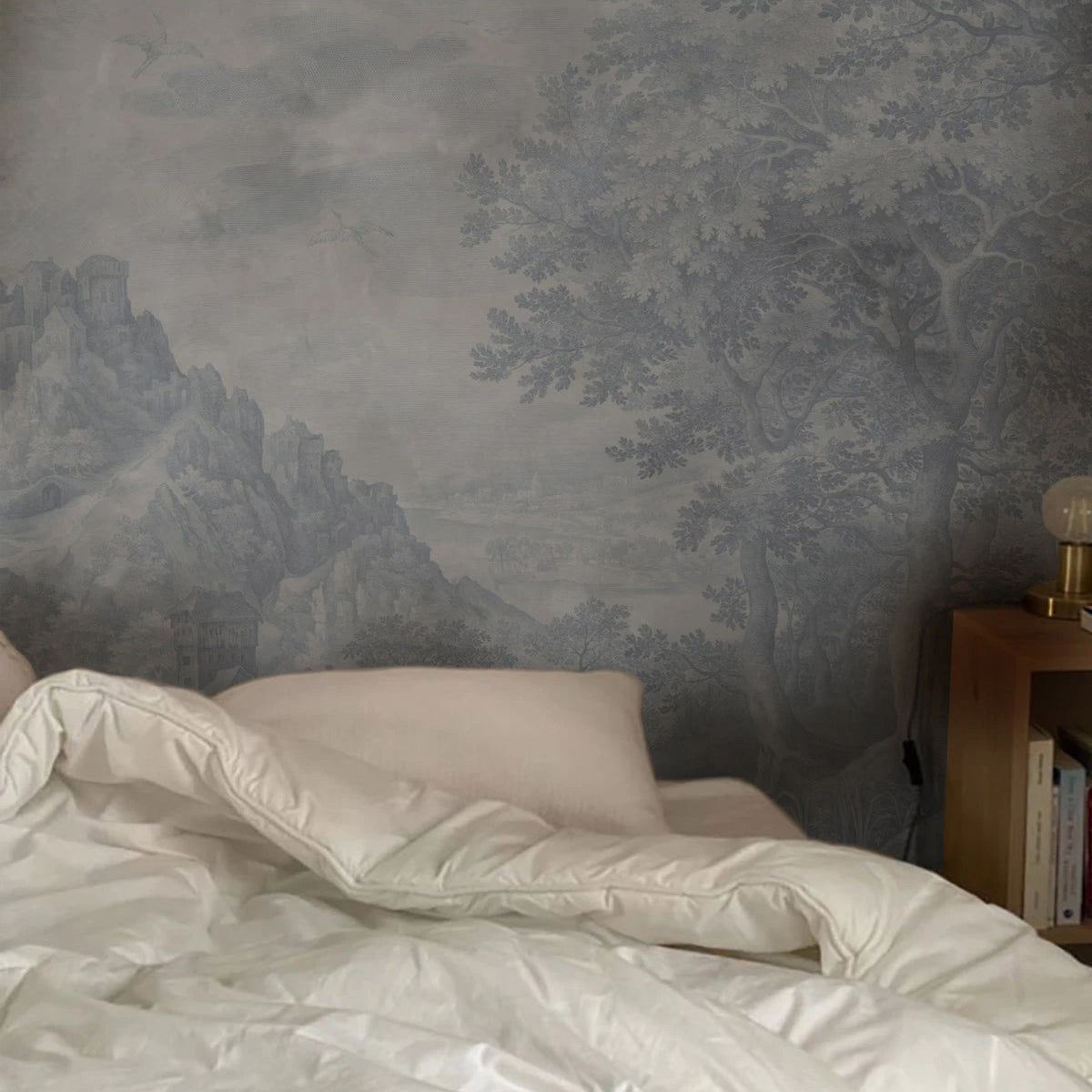 Ethereal Forest Blue Landscape Wallpaper in Blue and Gray
