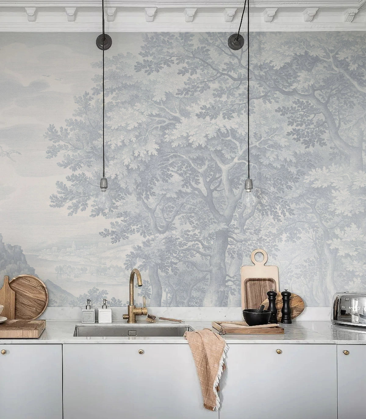 Ethereal Forest Blue Landscape Wallpaper in Blue and Gray