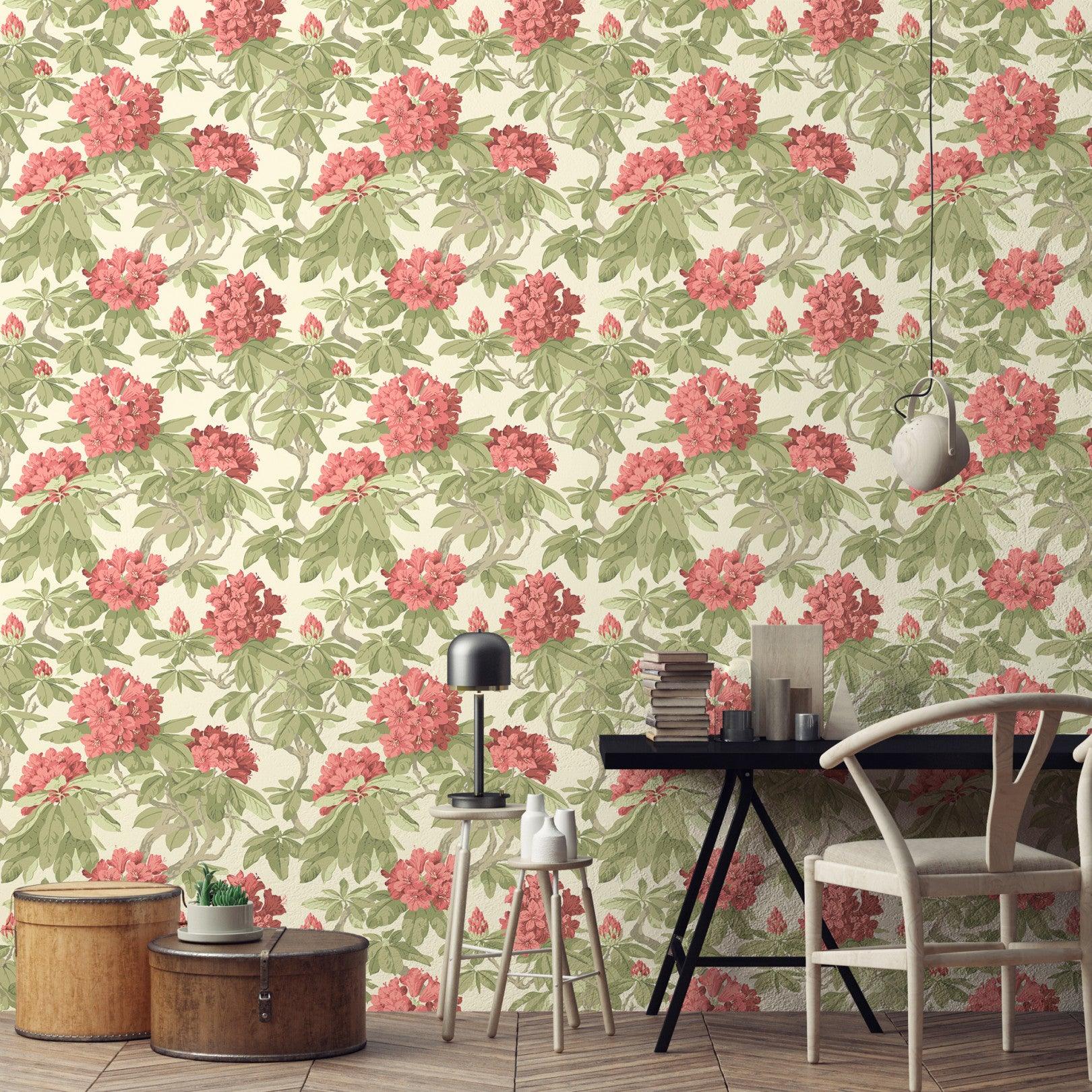 Floral Pattern Wallpaper with Flowers and Leaves FOLIE - Bourlie Pink on White