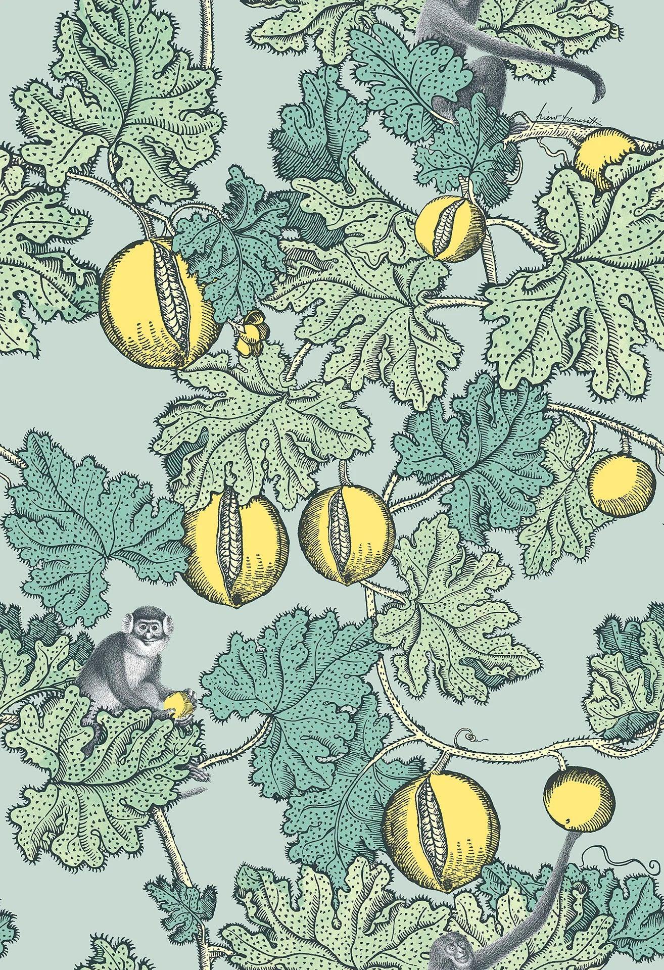 Wallpaper with an animal and plant motif of leaves and fruits FORNASETTI - Forbidden Fruit blue