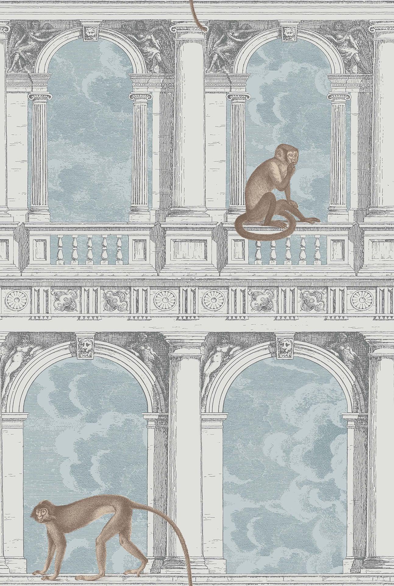 Wallpaper with a monkey and building animal motif FORNASETTI - Procuratie with a blue view
