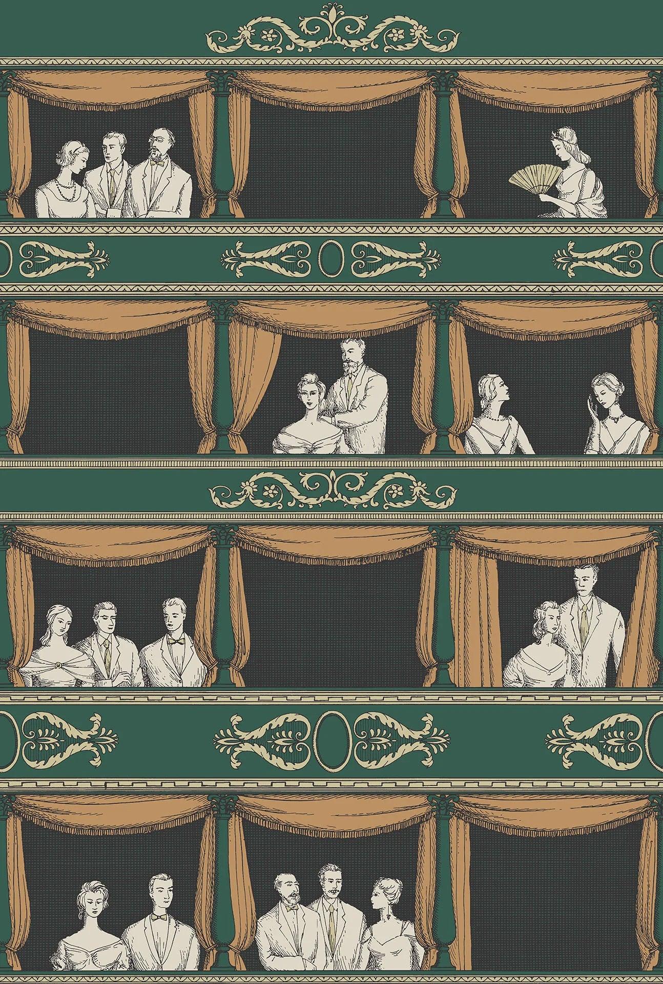 Tapeta s krajinou italských divadelních balkonů FORNASETTI SENZA TEMPO - Teatro zelená