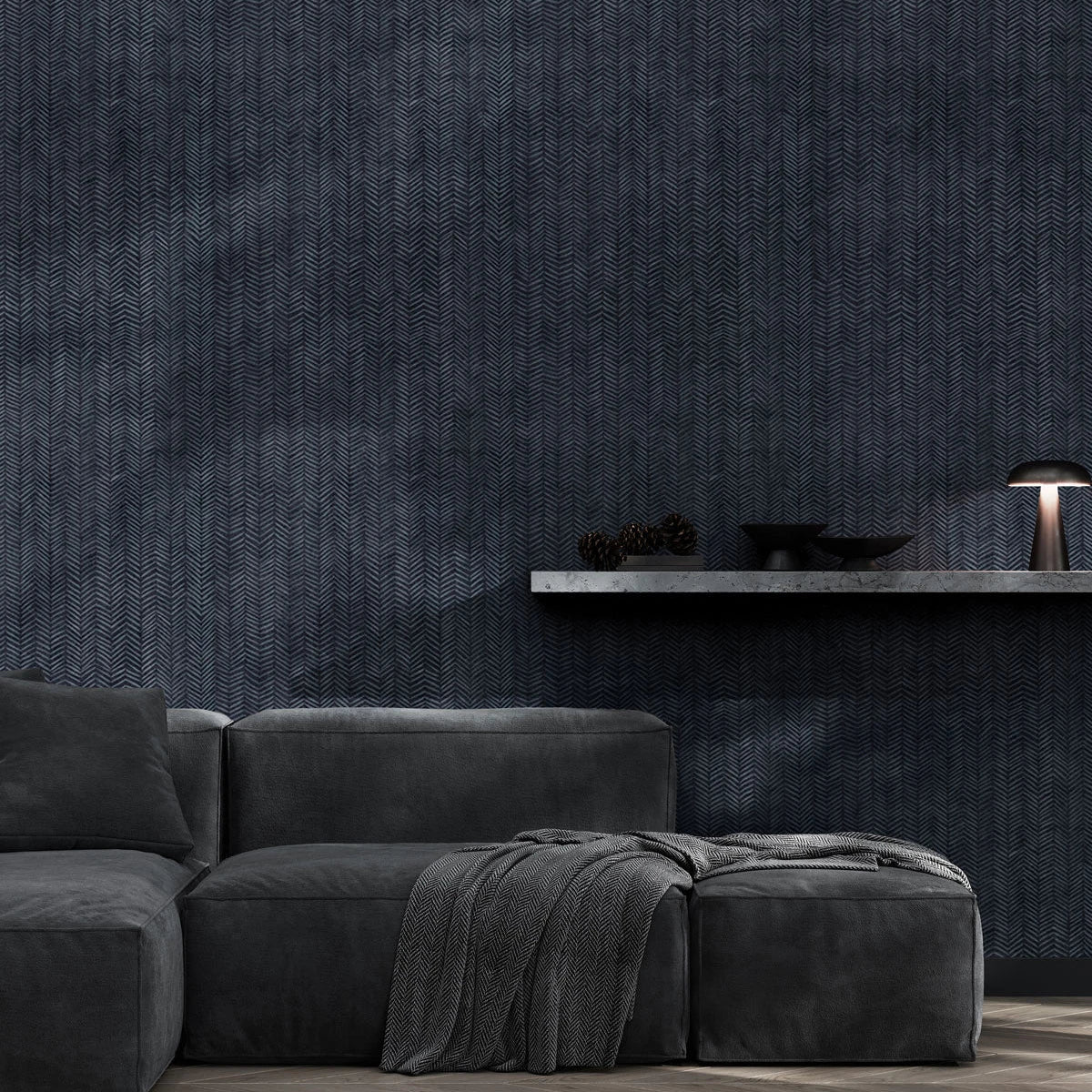 Non-woven wallpaper with a herringbone pattern in blue