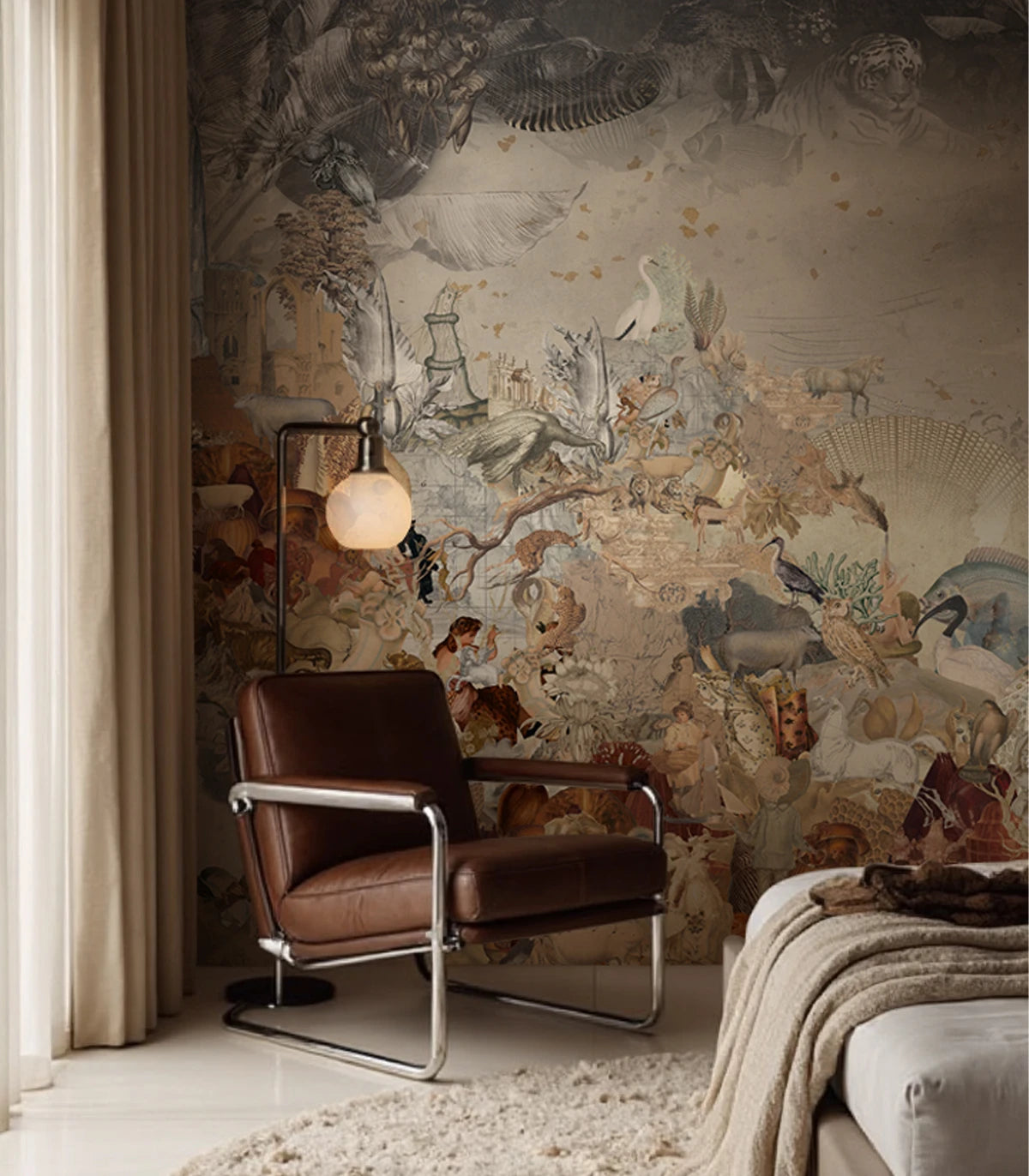 Non-woven wallpaper with animal motif KINGDOM OF ALL CREATURES SEPIA beige with bronze
