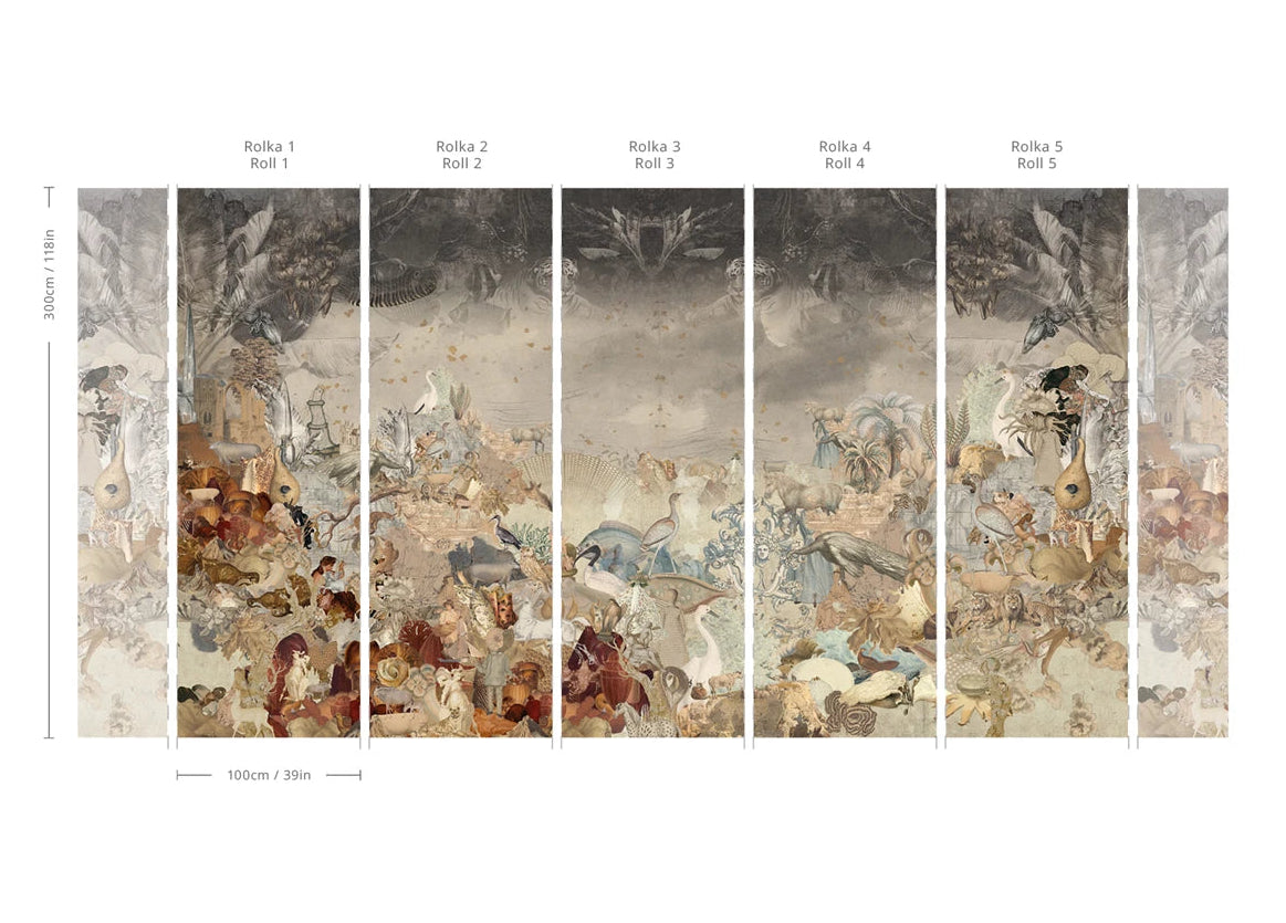 Non-woven wallpaper with animal motif KINGDOM OF ALL CREATURES SEPIA beige with bronze
