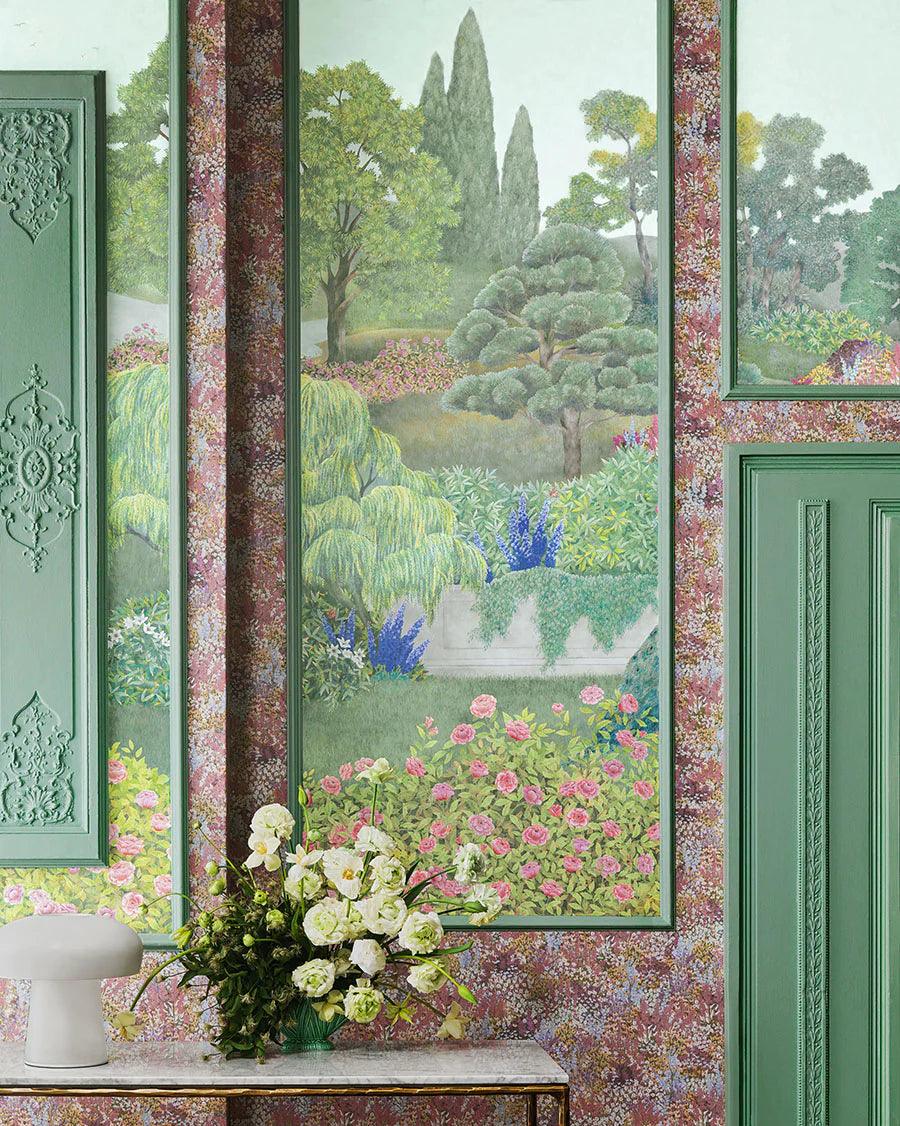 Wallpaper with a floral plant motif THE GARDENS - Petite Fleur pink and blue