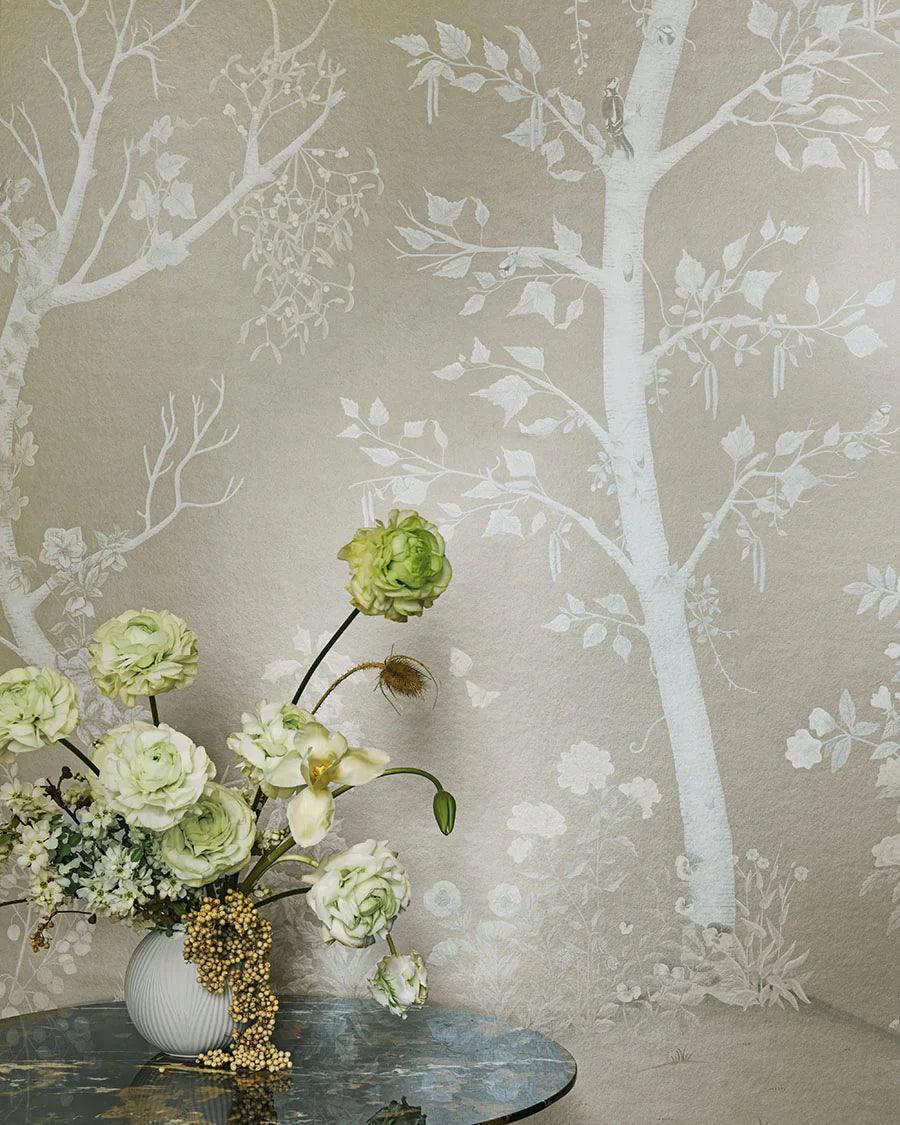 Wallpaper with a plant motif of trees and forest THE GARDENS - Seasonal Woods sage