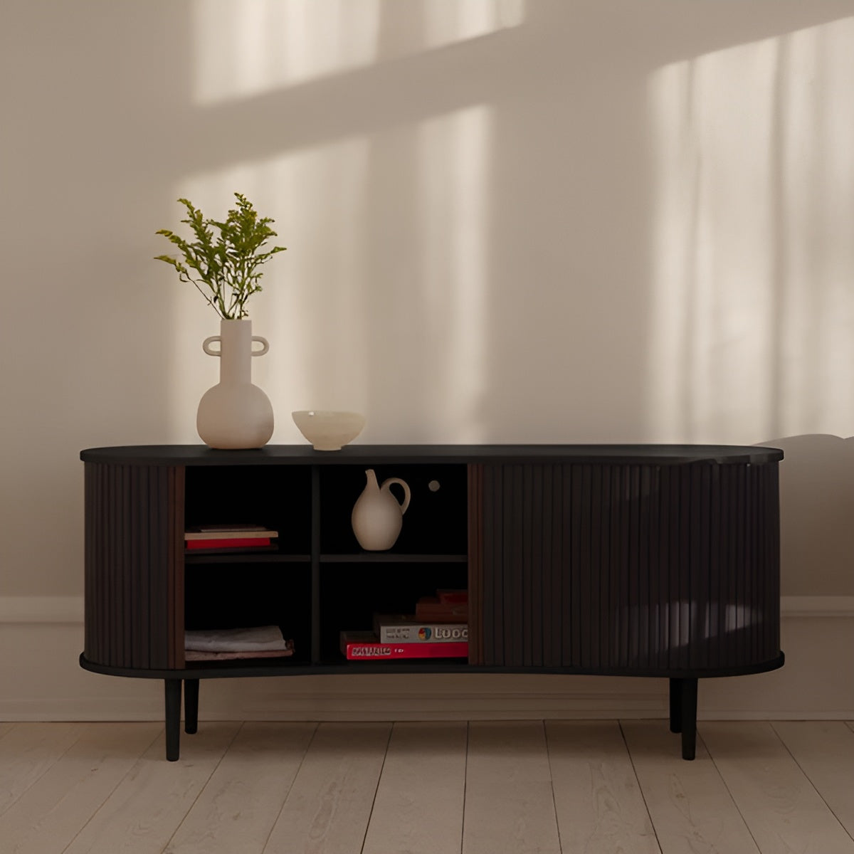 AUDACIOUS RTV Cabinet broken white with black base