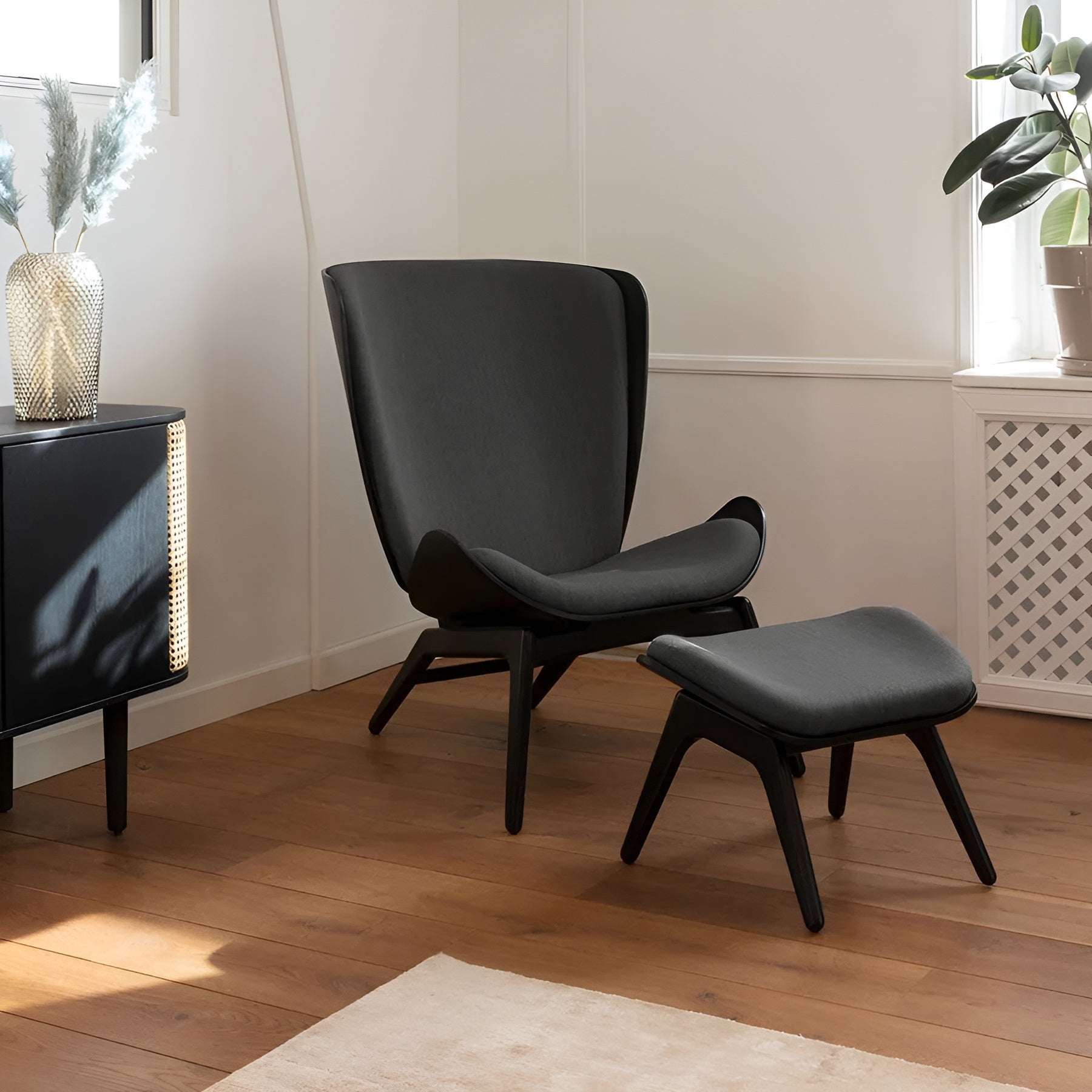 READER footstool brown leather with dark oak base