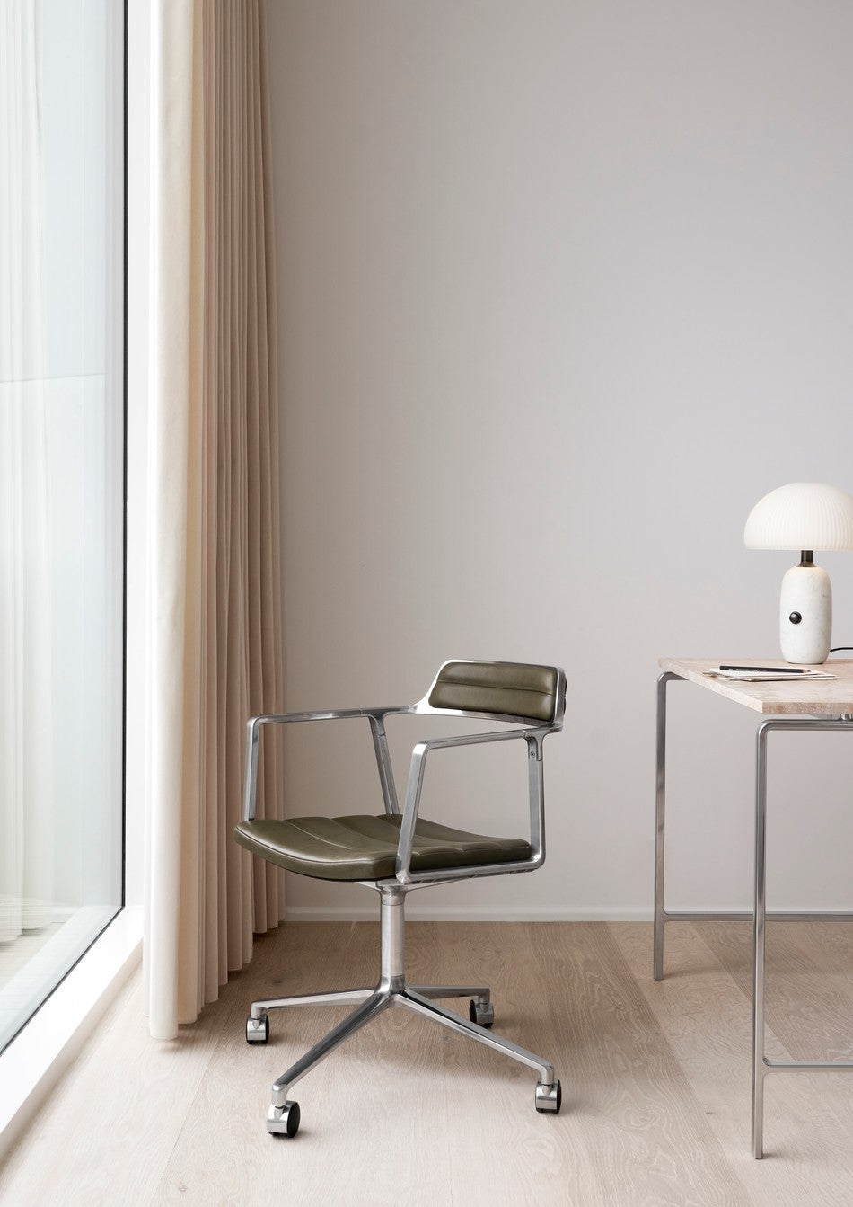 Office Chair 452 Green Leather with Metal Base