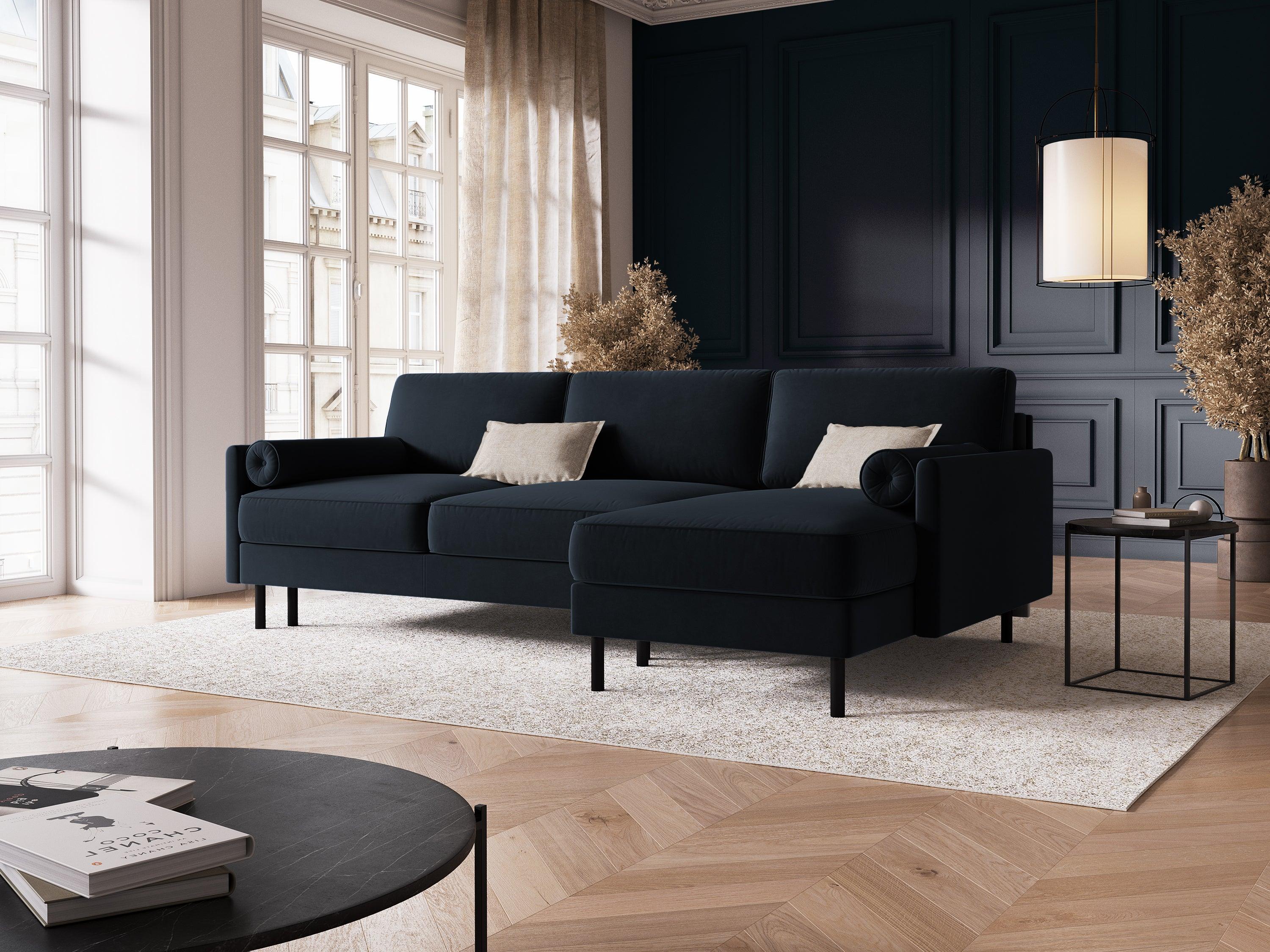Narożnik aksamitny prawostronny z funkcją spania SCOTT ciemnoniebieski Micadoni Eye on Design