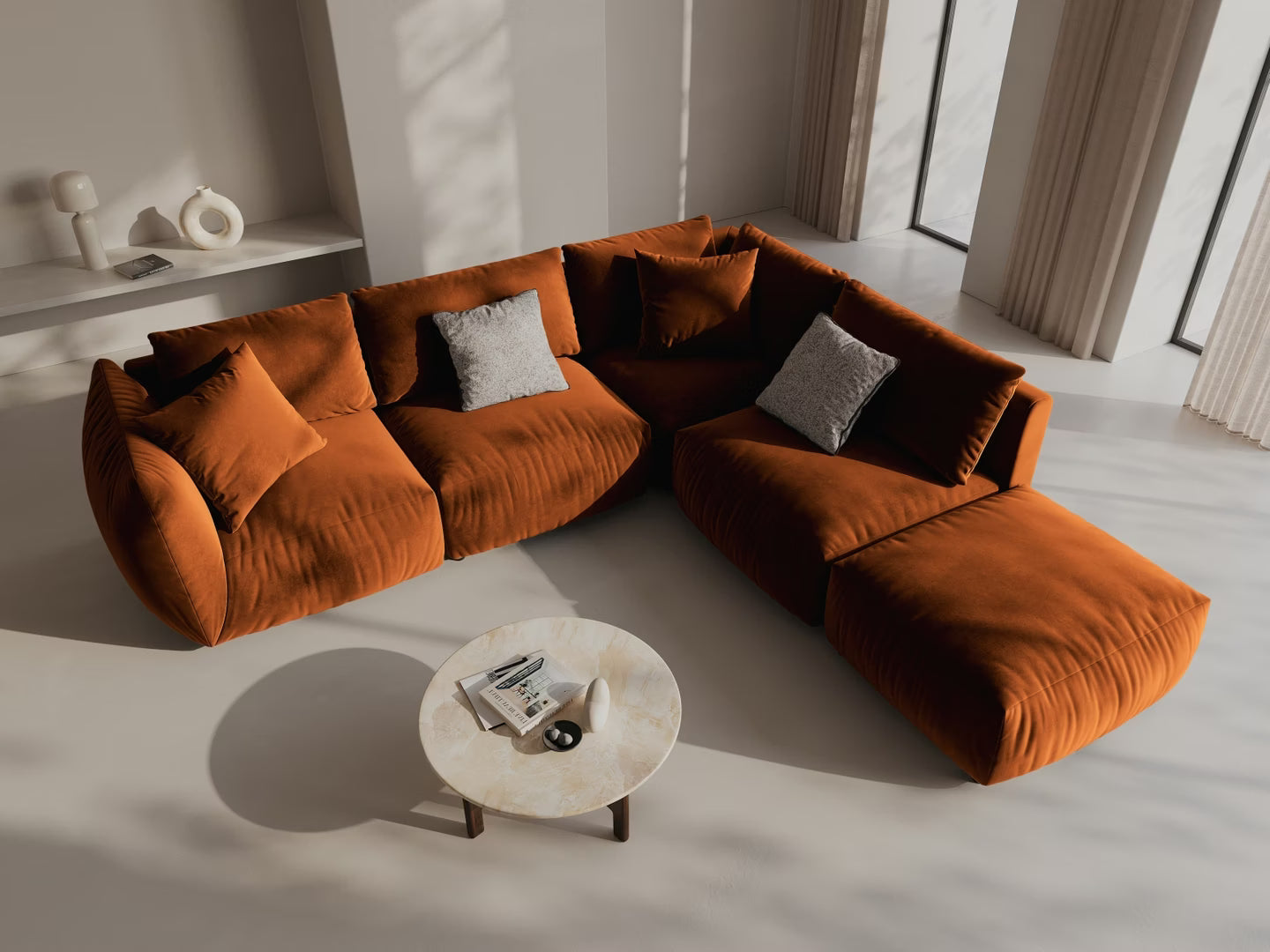 Modular velvet corner sofa for 4 people right-facing CHRIS terracotta