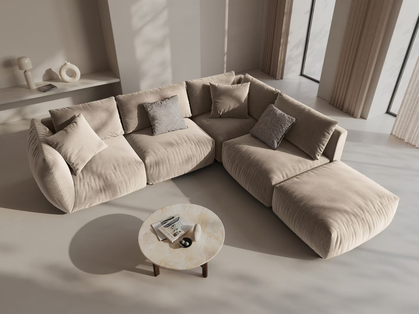 Velvet modular corner sofa for 4 people right-facing CHRIS ecru