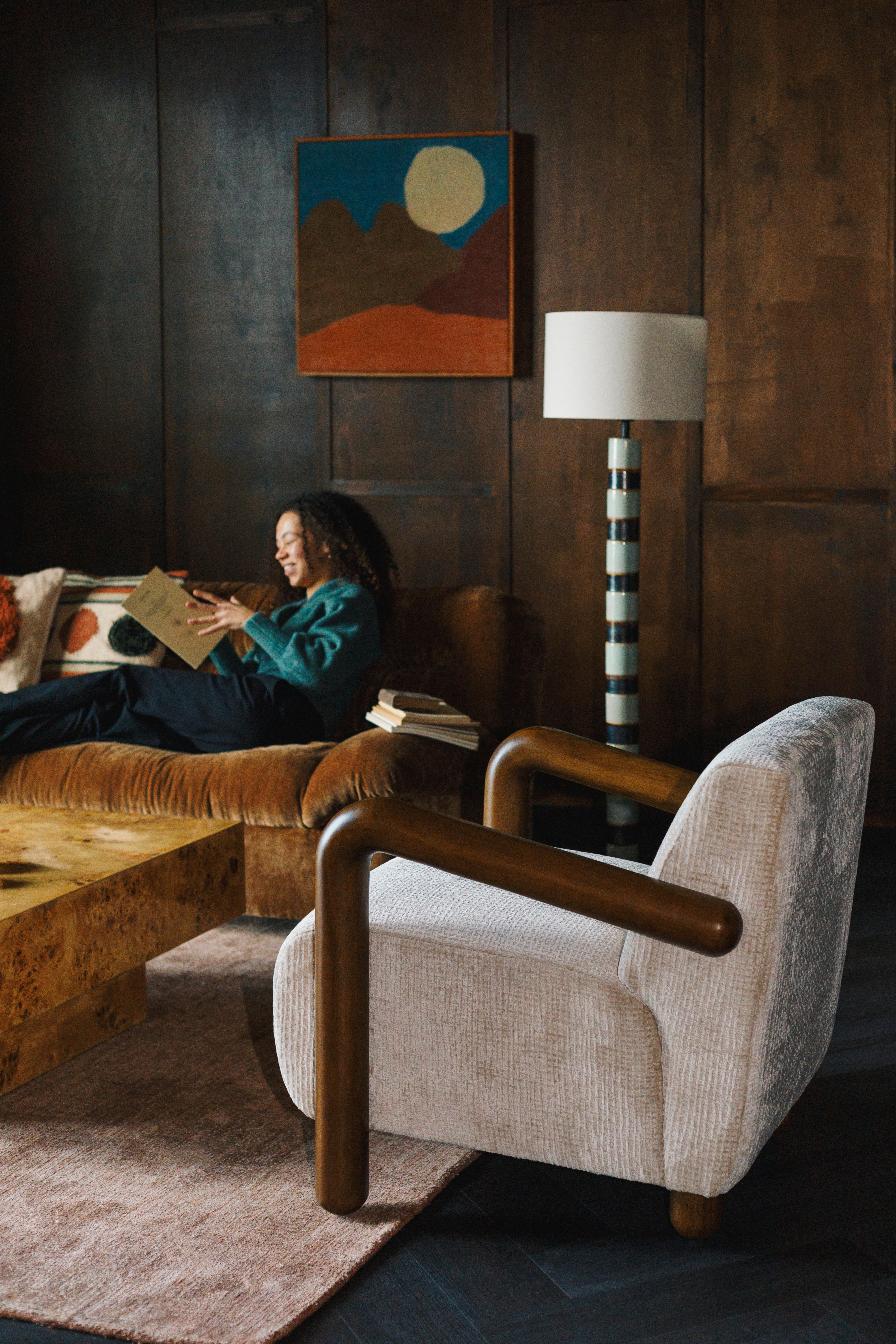 ROBINSON beige armchair with wooden base