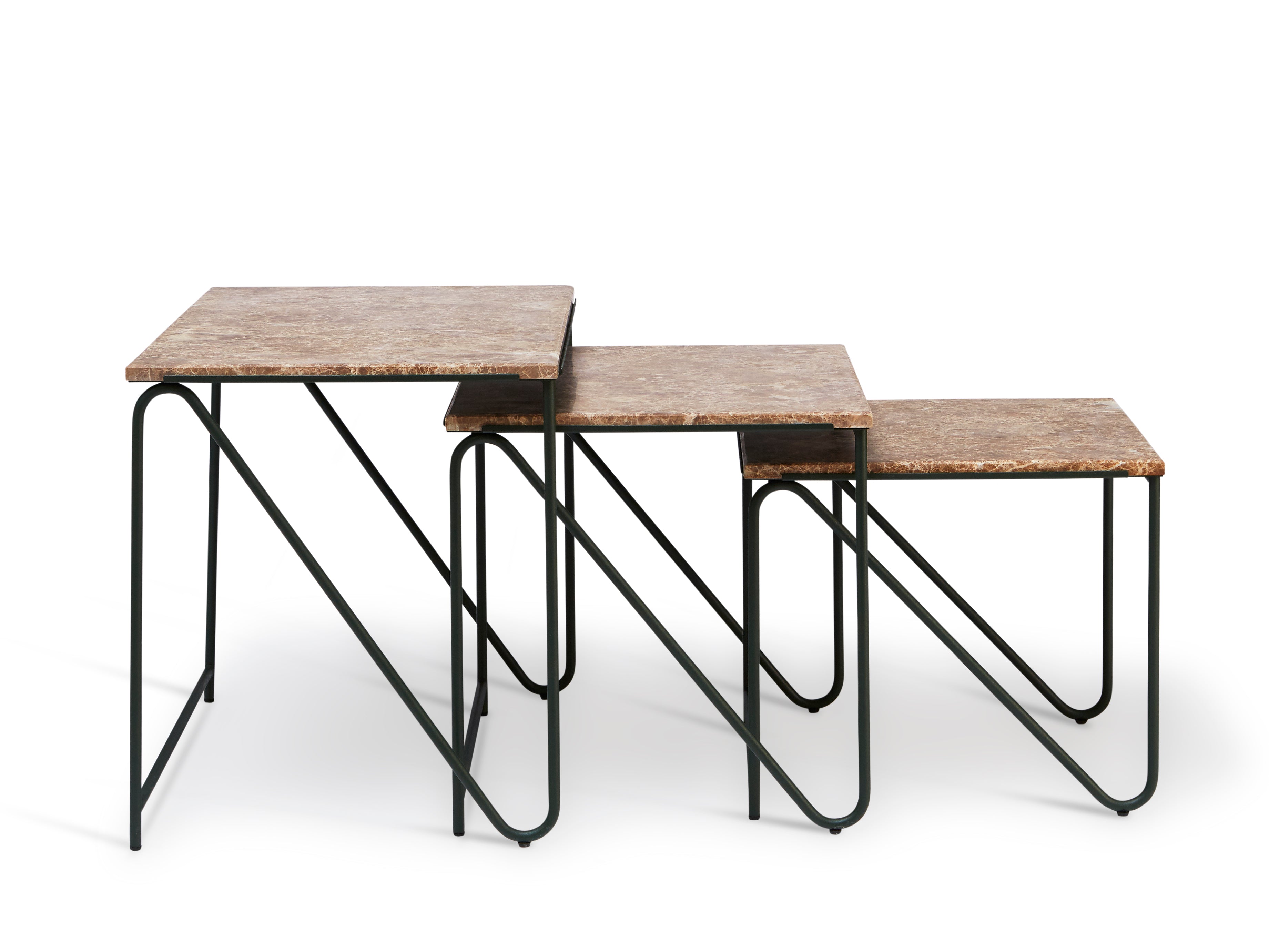 Zestaw stolików kawowych TRIPTYCH brązowy marmur z zieloną podstawą