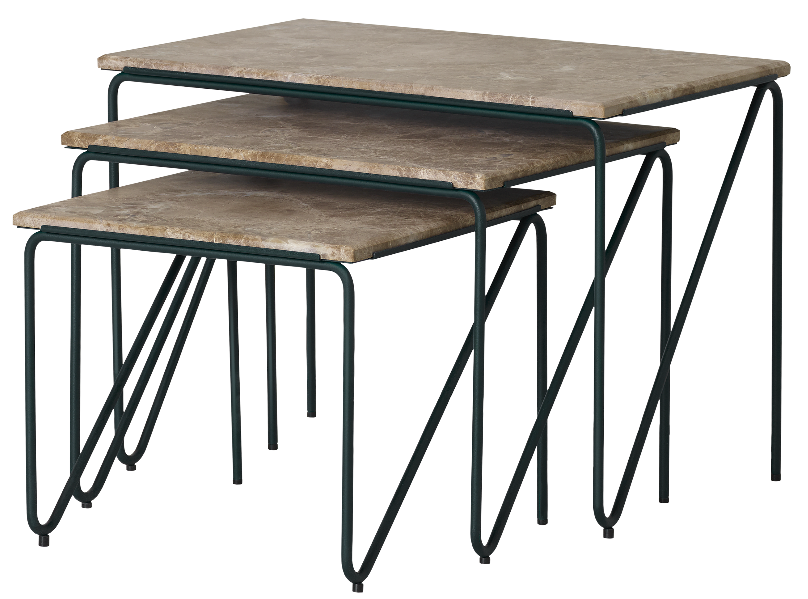 Zestaw stolików kawowych TRIPTYCH brązowy marmur z zieloną podstawą