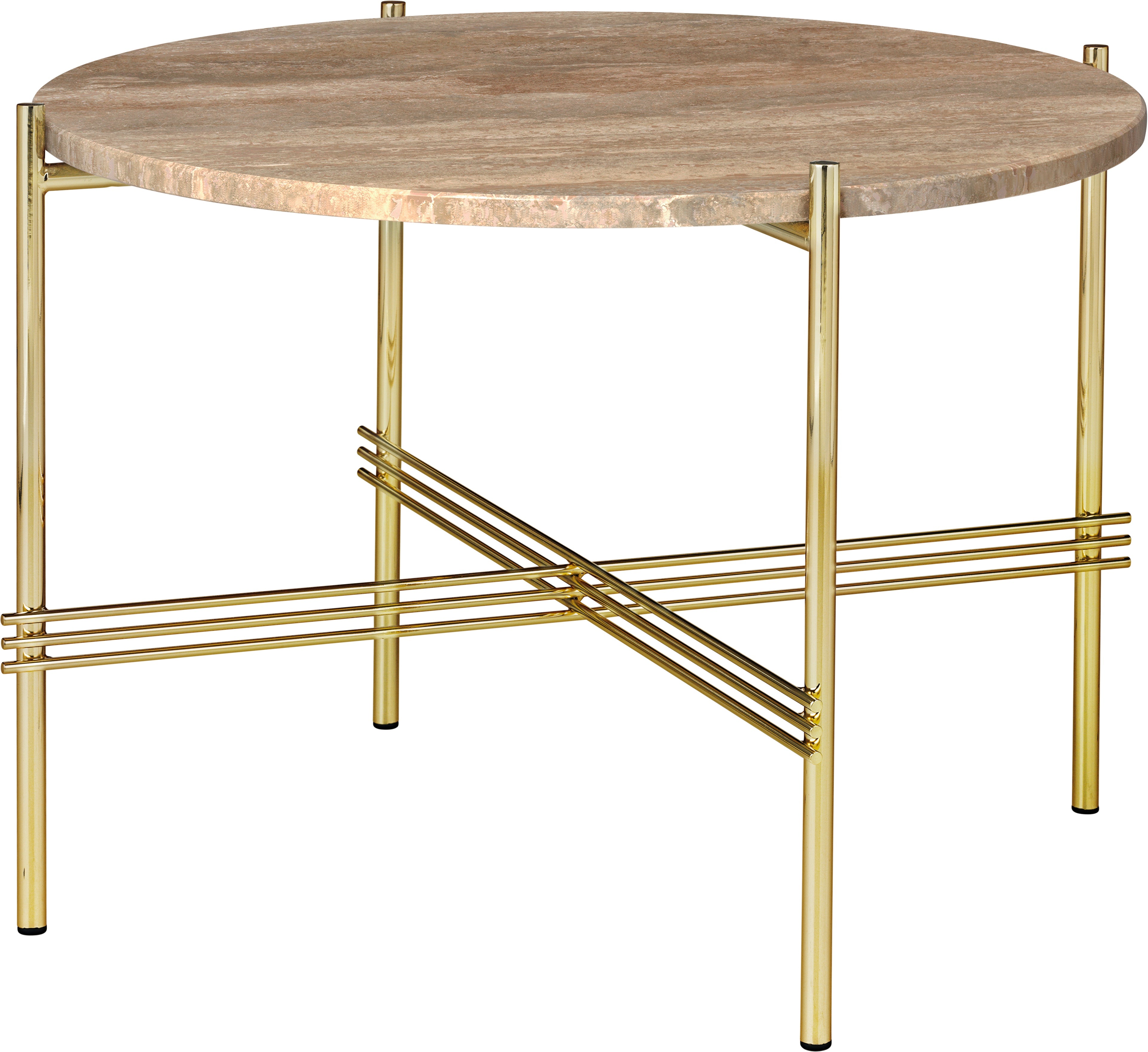 Round coffee table TS sandy travertine with a gold base