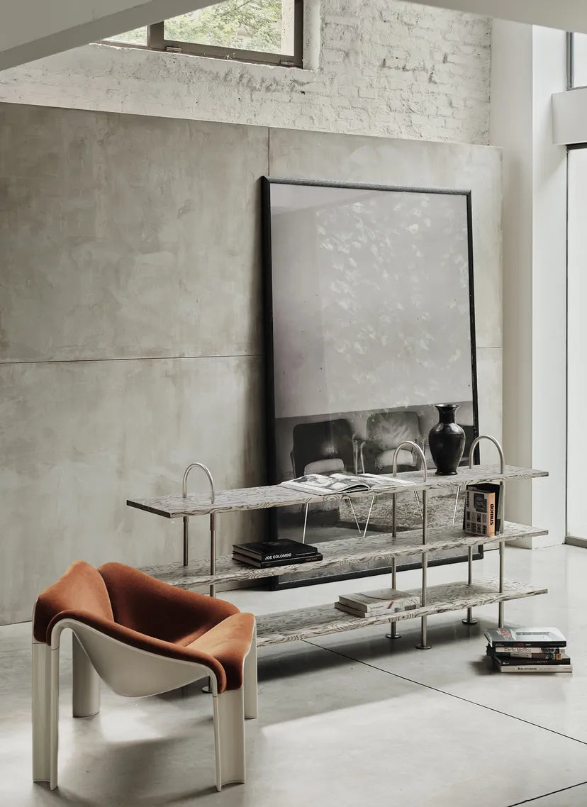 Regál KEEN šedé dřevo se saténovým ocelovým rámem