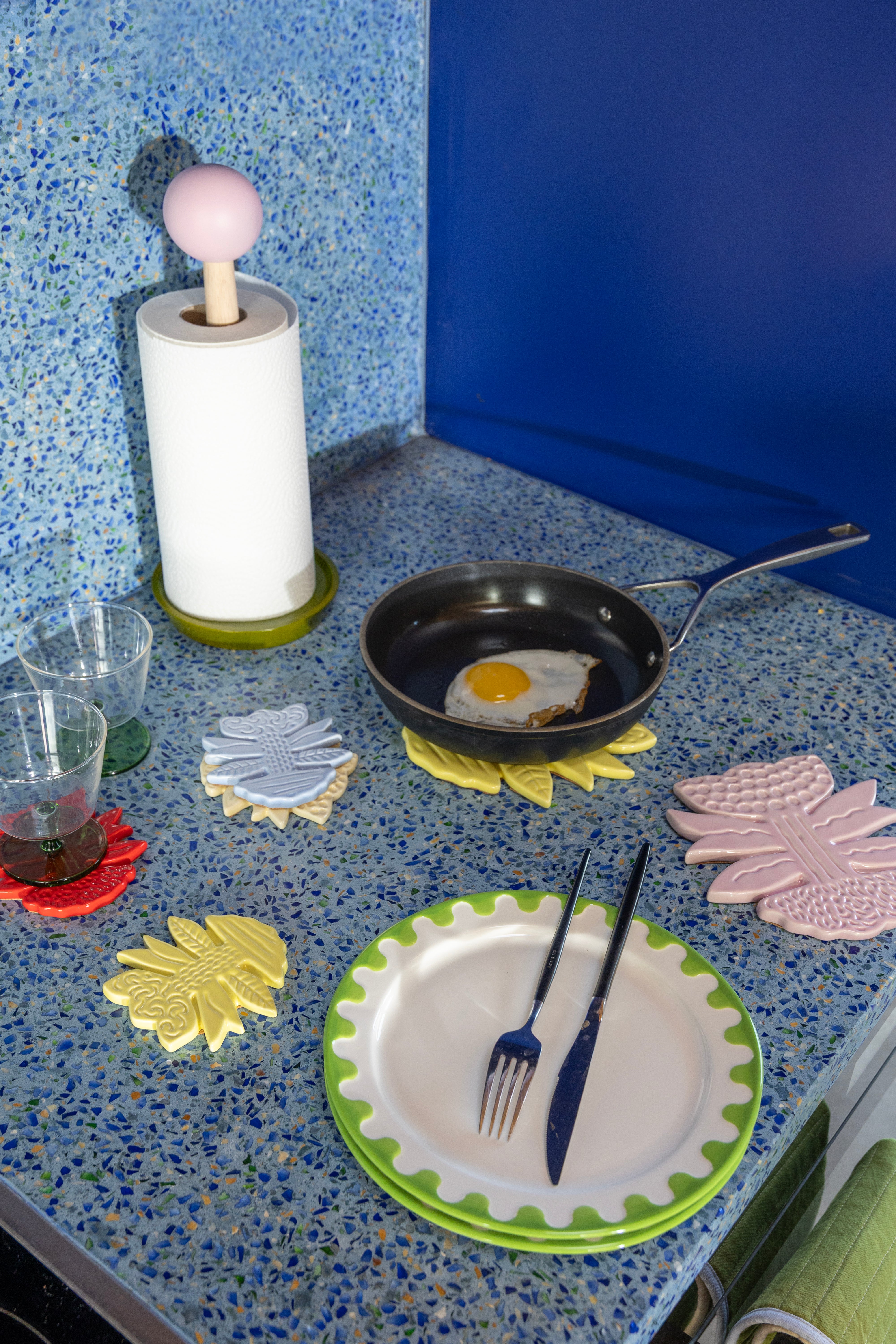 FOLK white breakfast plate set with blue and green