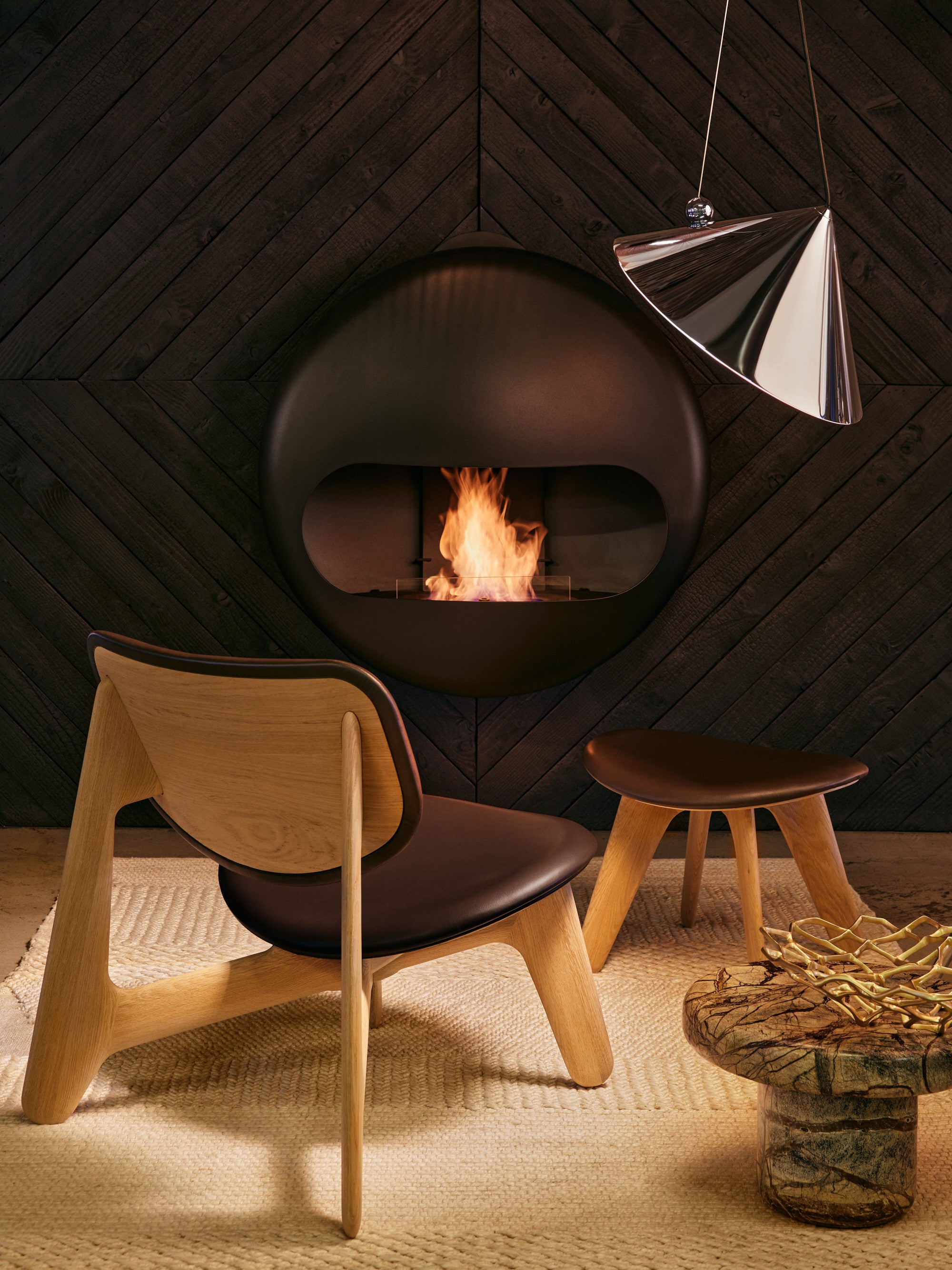 SLAB Armchair in Brown Leather with Oak Base