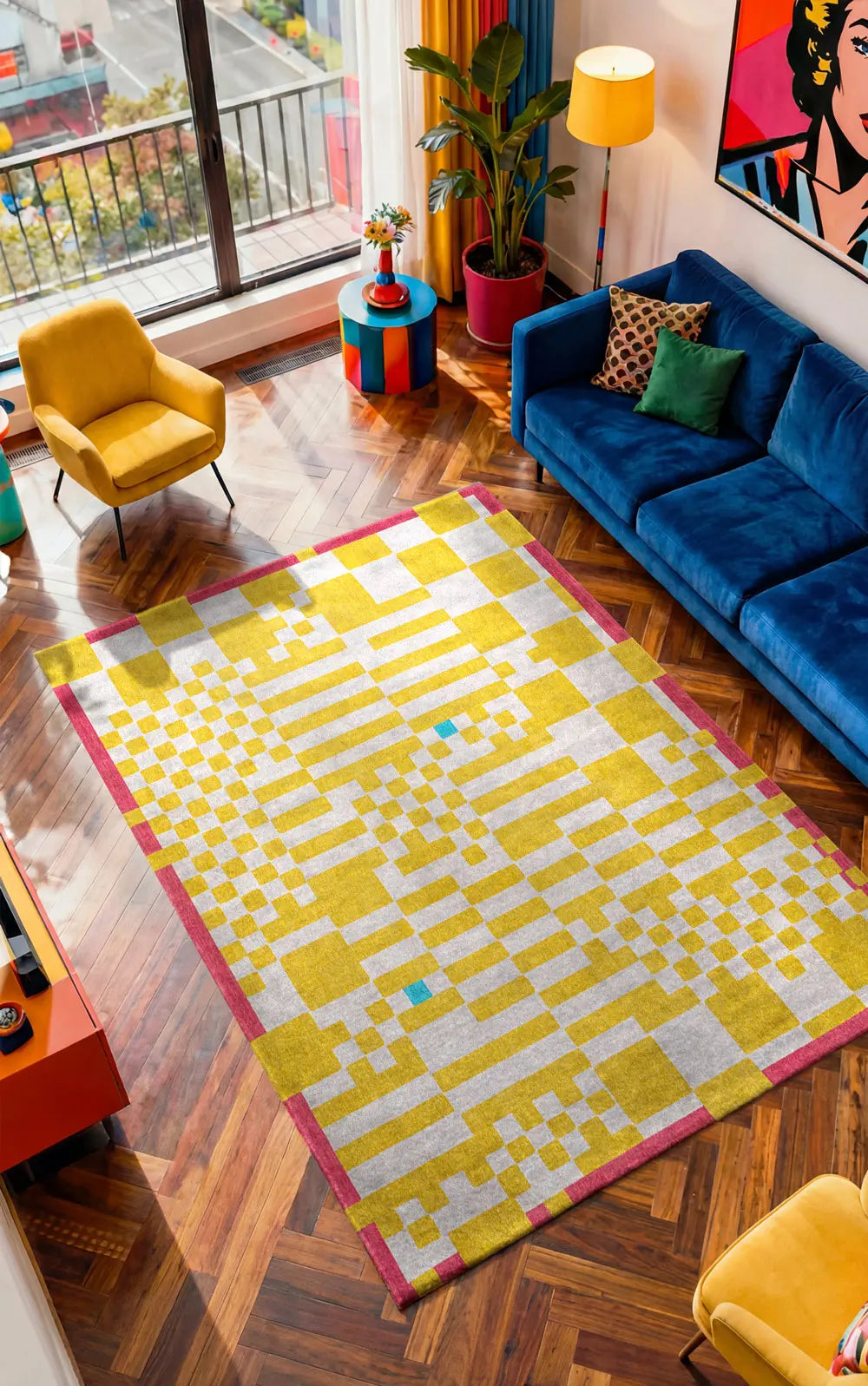 Koberec CHESS CUPCAKE žlutý s bílou a růžovou