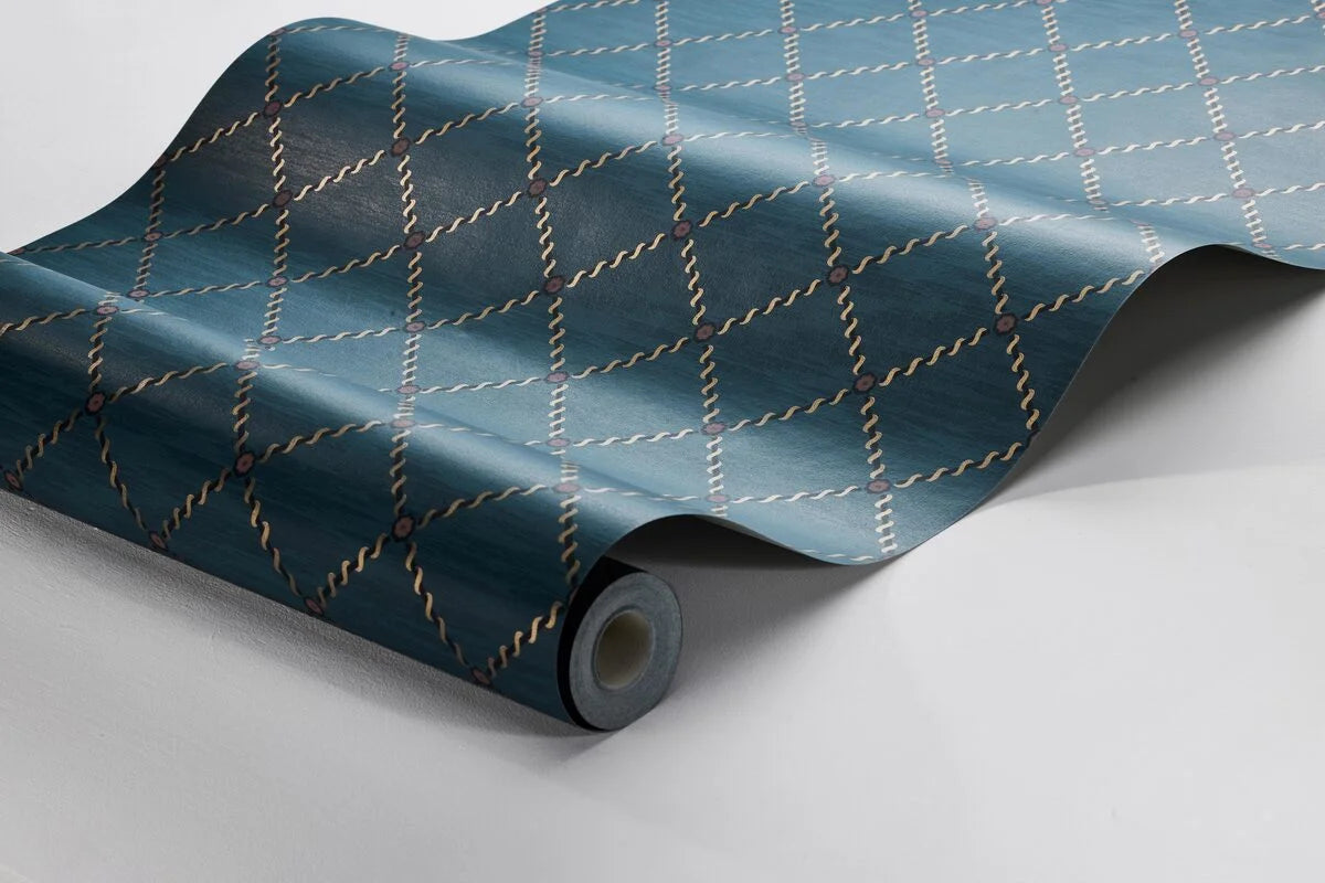 Tapeta s geometrickým motivem GOLDEN TRELLIS modrá se zlatou