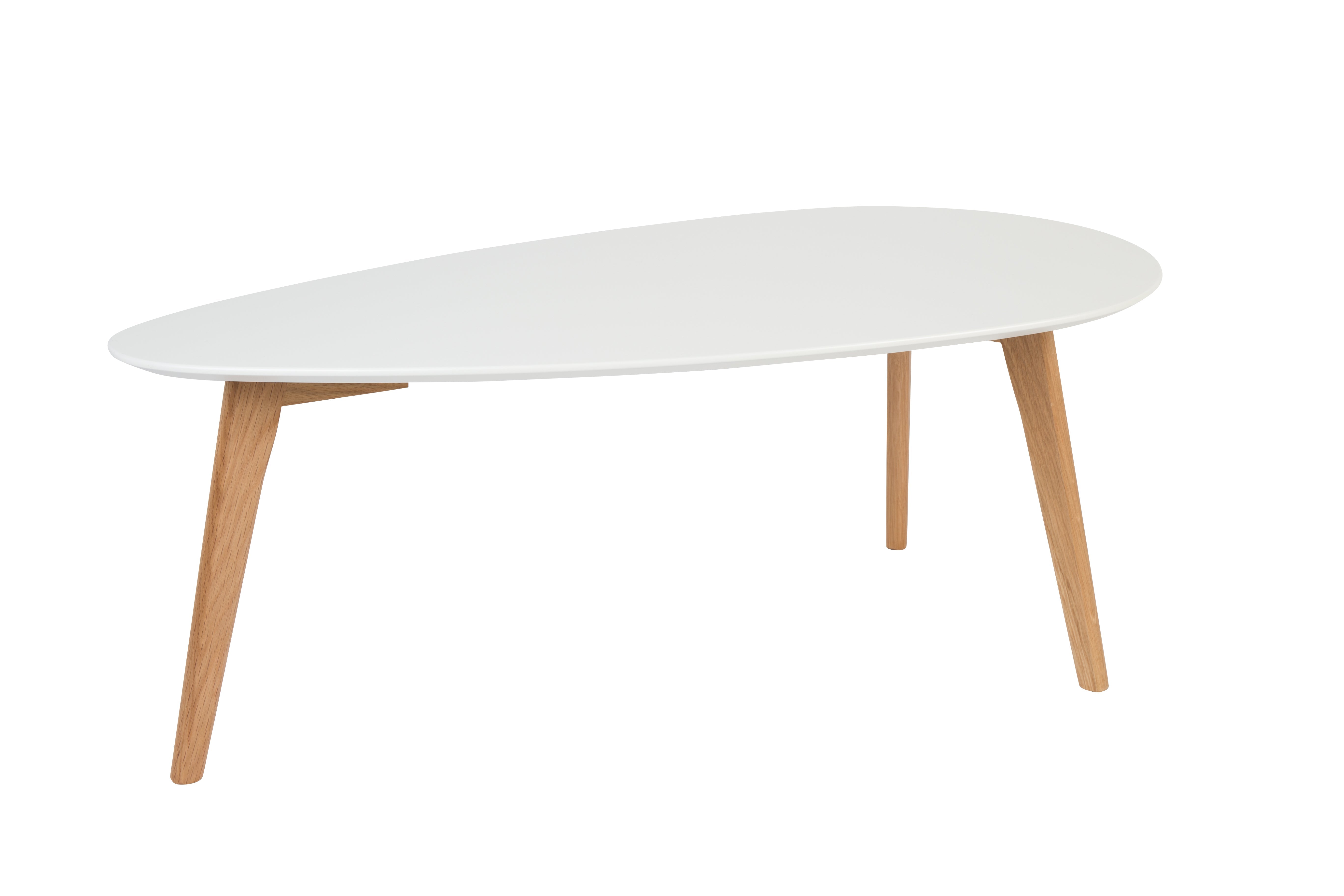 A set of white drop tables with a wooden base