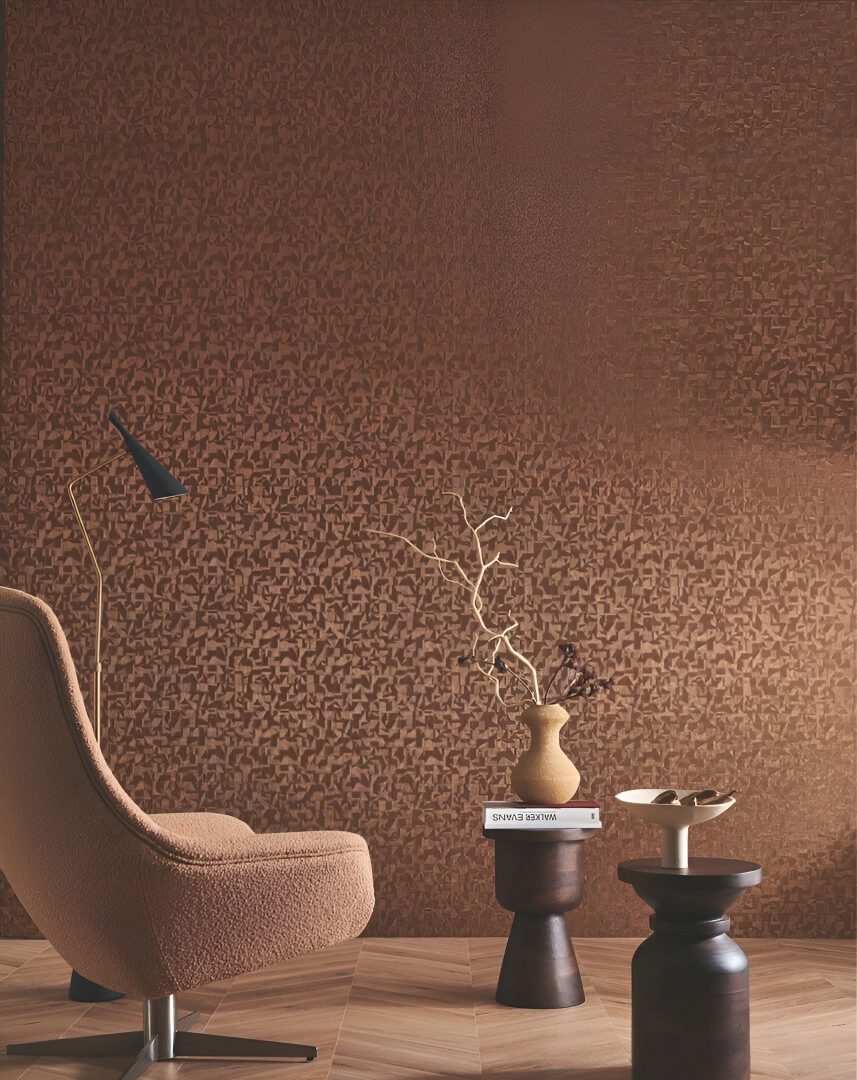 Metallic textured wallpaper with mosaic pattern TIZNIT - DORE FONCE brown with gold
