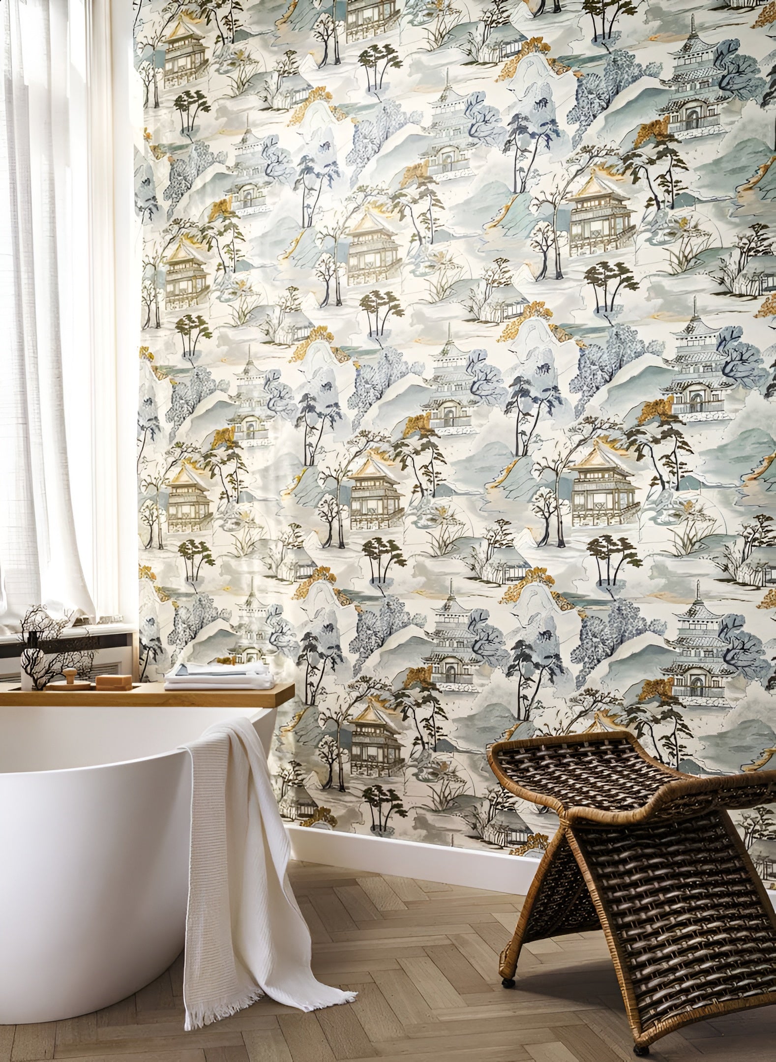 Strukturovaná tapeta s orientální krajinou NARA - VERT IMPERIAL zelená
