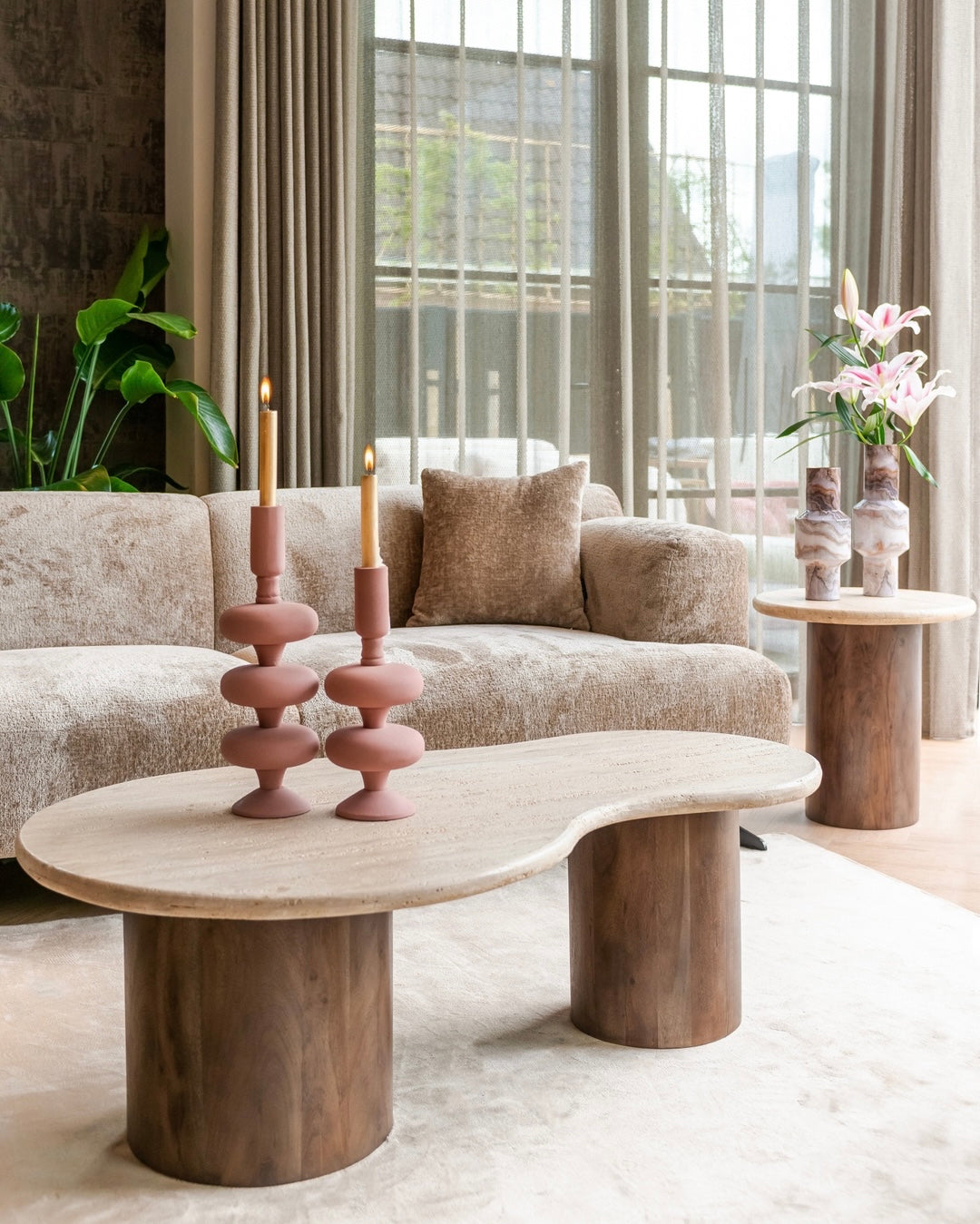 DOUGLAS coffee table travertine with wooden base