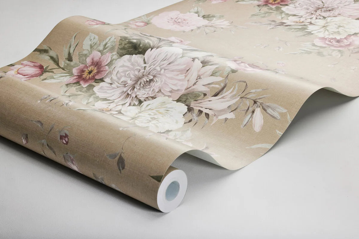 Papírová flizelinová tapeta s rostlinným vzorem FLORAL CHARM tmavě béžová s růžovou a bílou