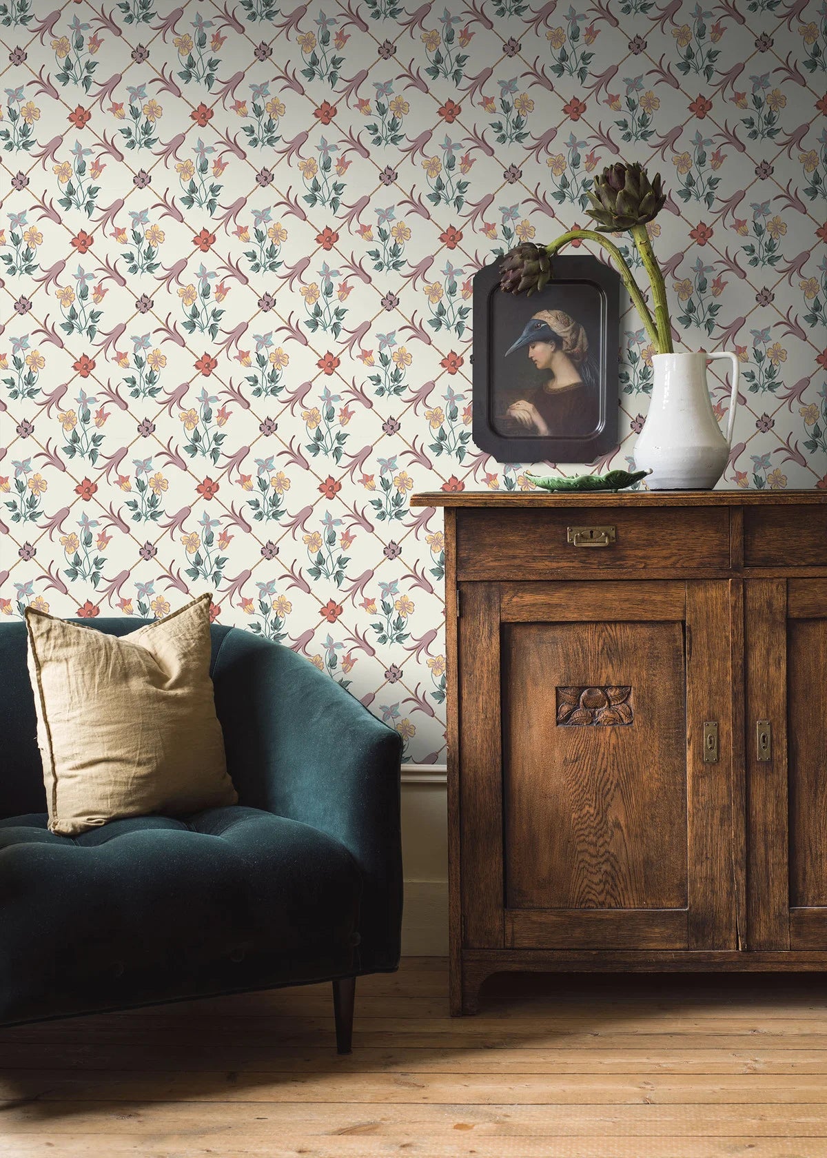 Non-woven paper wallpaper with a botanical pattern TESSIN white with lavender and green