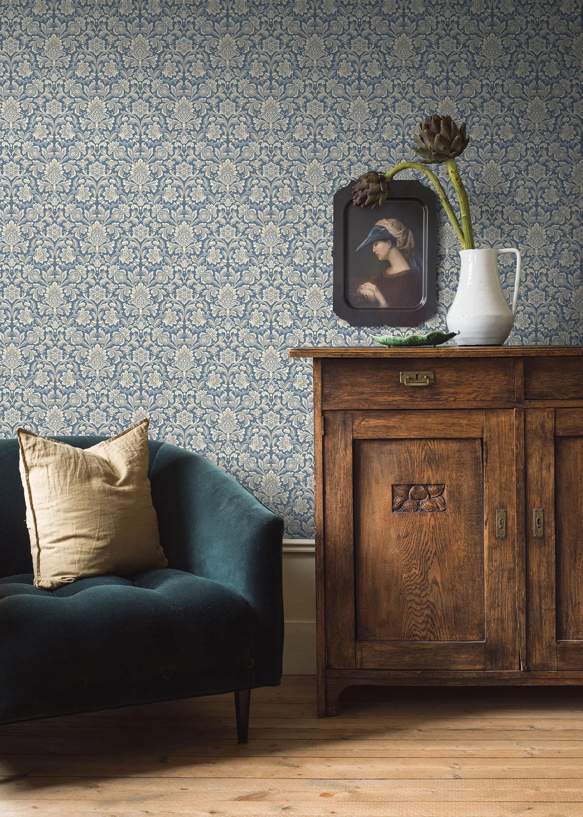 Papírová flizelinová tapeta s rostlinným vzorem FOGLAVIK modrá s krémovou