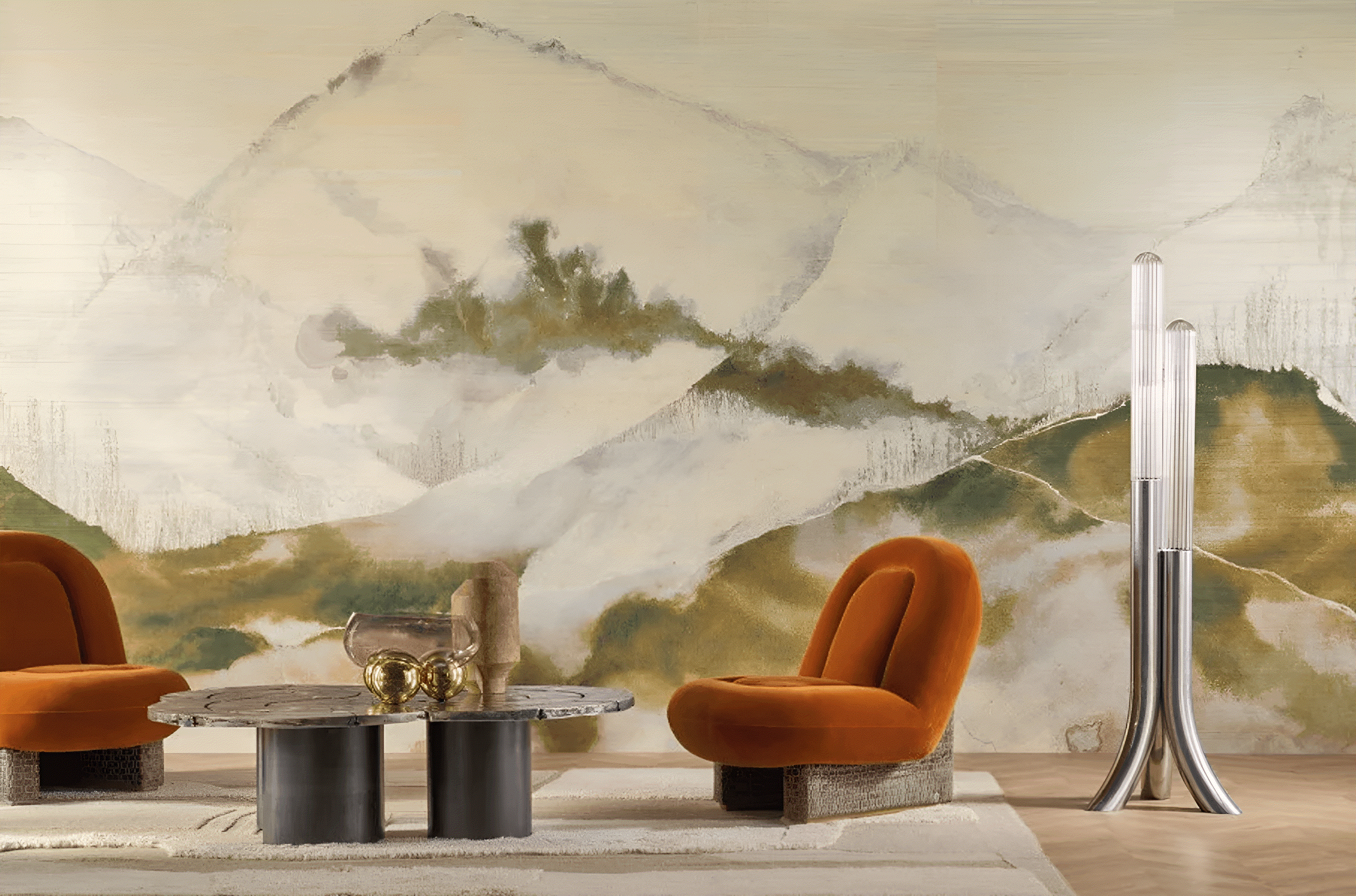 Mural with a mountain motif HORIZON - SABLE BEIGE DORÉ beige with gold