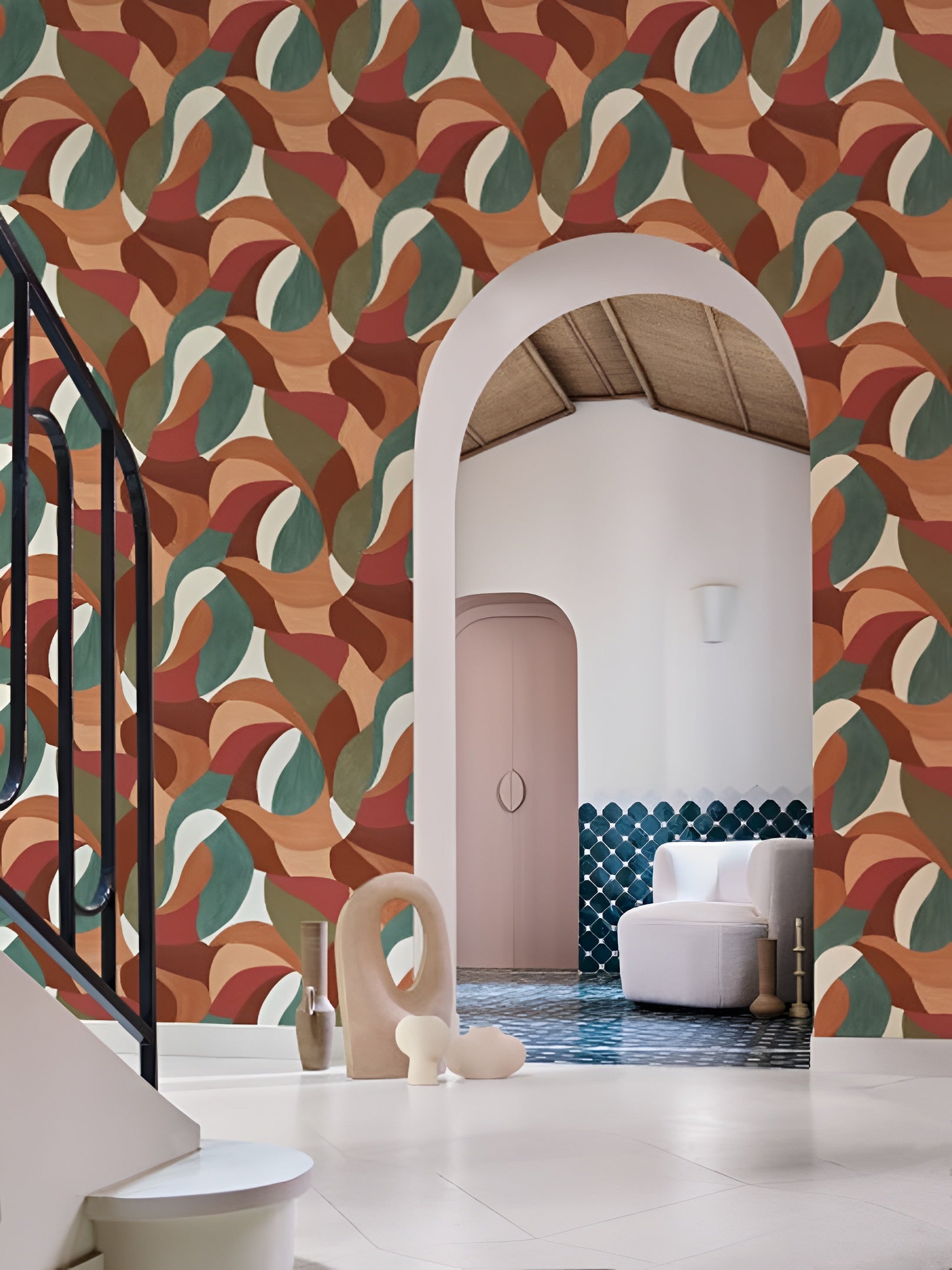 Abstract plant motif wallpaper in MANDORLA leaves - ORANGE BRULEE/IMPERIAL GREEN orange with green