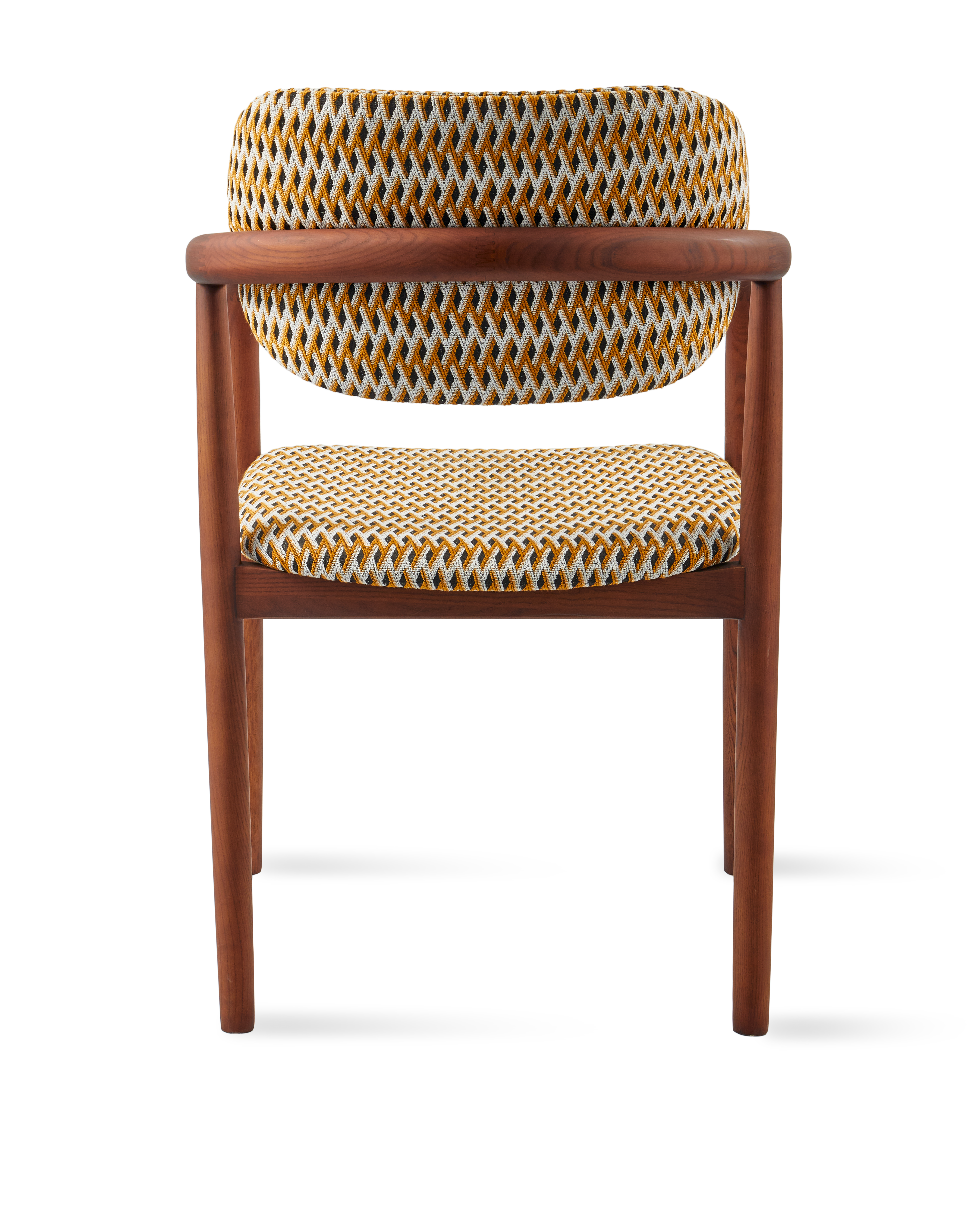 Křeslo s područkami HENRY orche v geometrickém vzoru se dřevěnou základnou