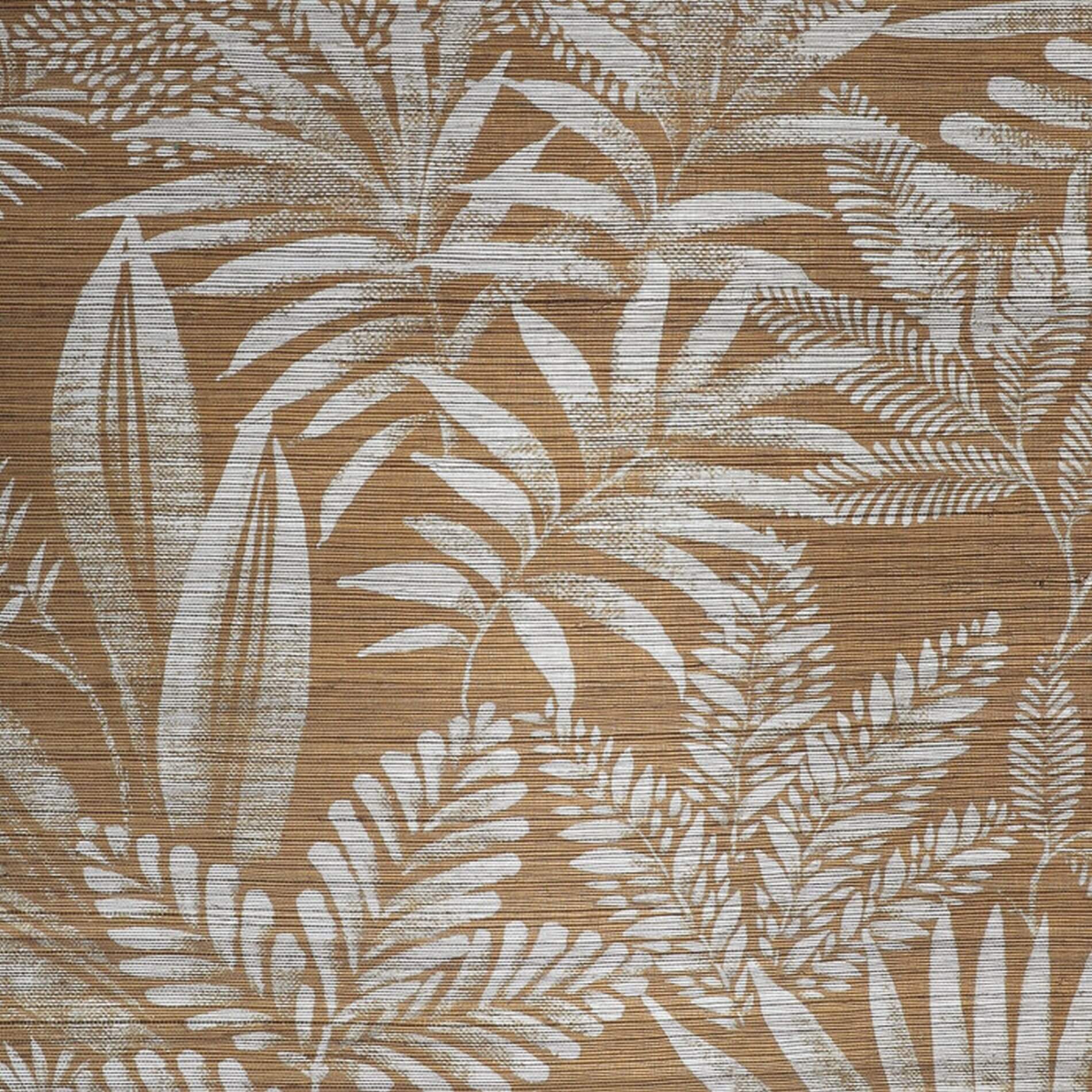 Structural wallpaper made of sisal with a plant motif of MANDRARE leaves - OCRE orange with white