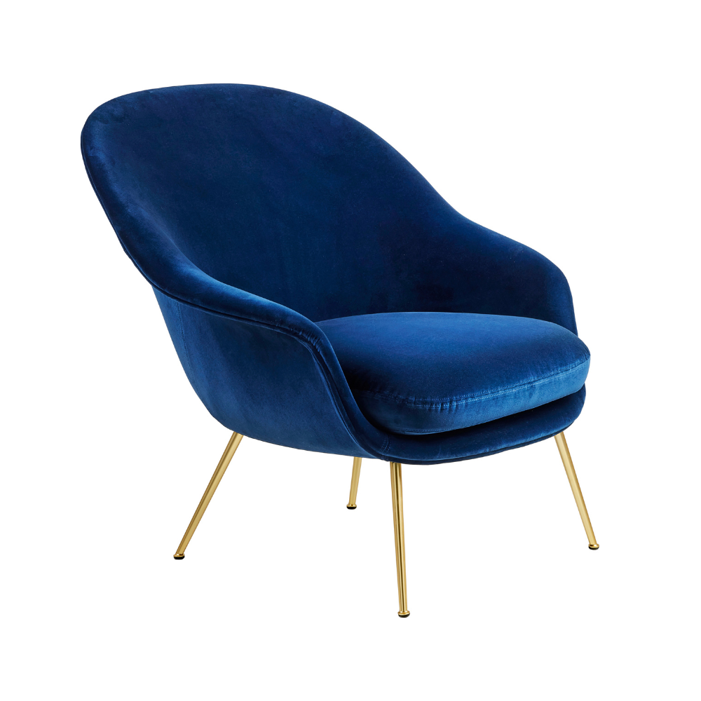 Upholstered BAT armchair with a gold base