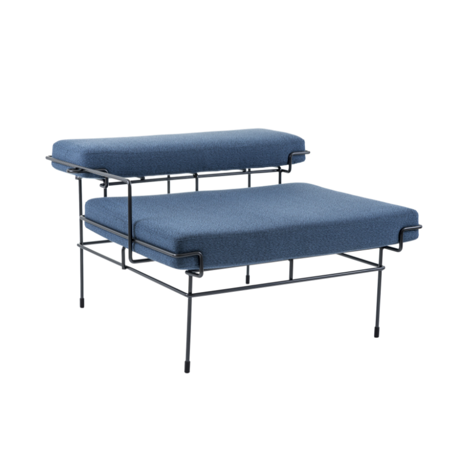 Puf z oparciem TRAFFIC tapicerowany z czarną stalową podstawą