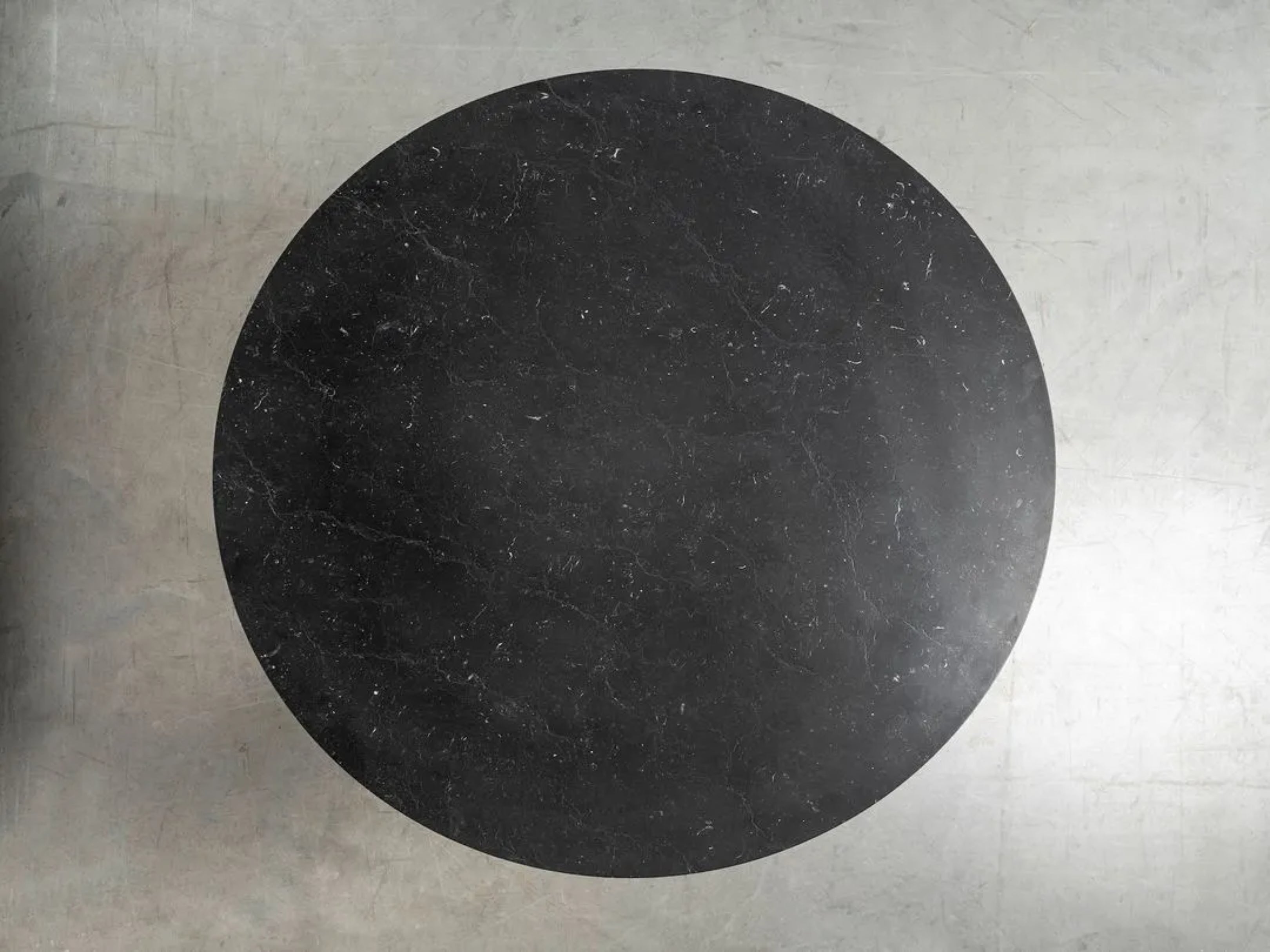 Round MOON Table with Brushed Marble Top and Black Steel Base