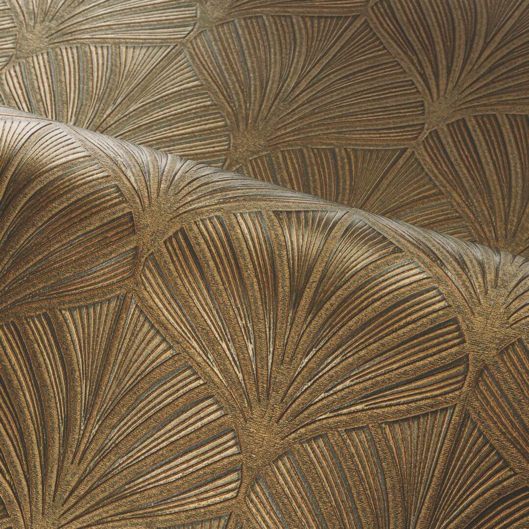 Metallic structural wallpaper with a plant leaf motif NEREIDES - BRUN PATINÉ brown with patina
