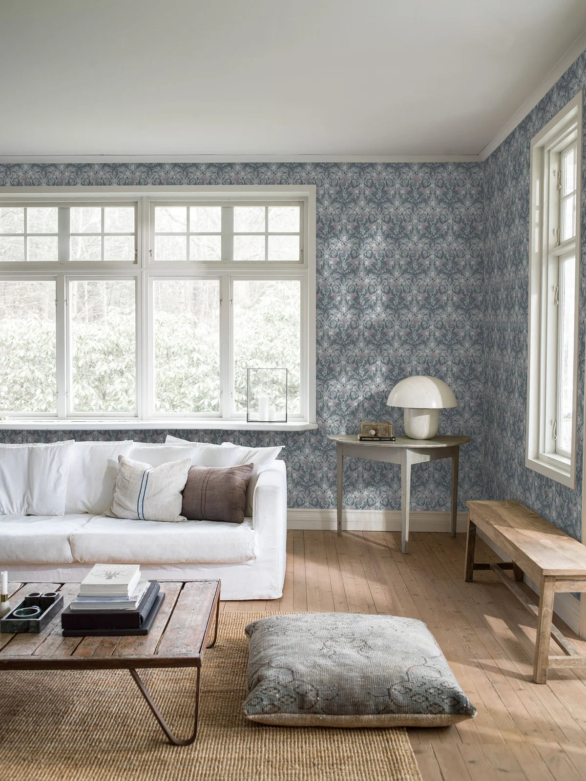 Thistle Plant Pattern Wallpaper in Muted Blue with Pink