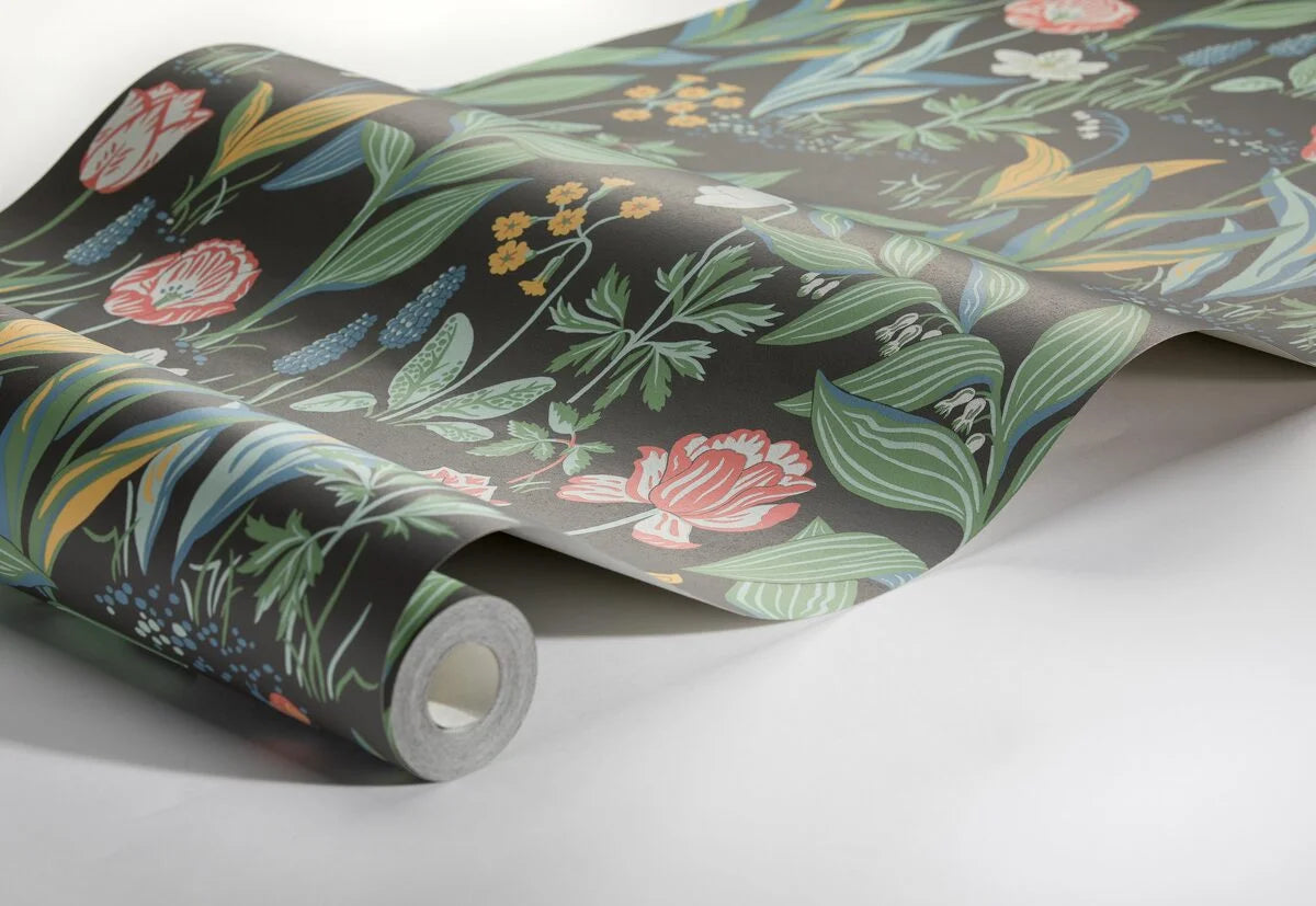 Tapeta s rostlinným vzorem květin JARNÍ ZAHRADA hnědá se zelenou