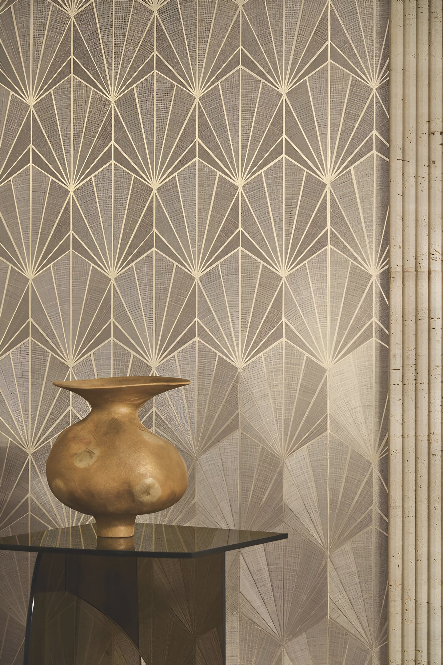 Natural metallic structural wallpaper art deco MAJESTÉ - NOIR DE LUNE PLATINE dark platinum