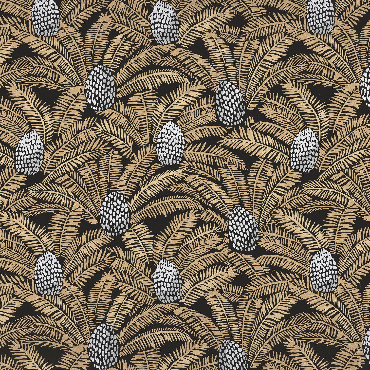 Structural wallpaper with a botanical motif PALMETA - NOIR/DORE black with gold