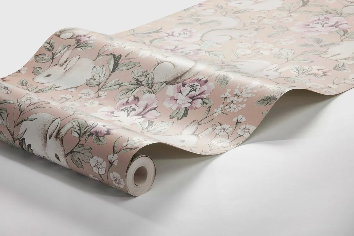 Children's wallpaper with a plant and animal theme MAGIC FOREST powder pink
