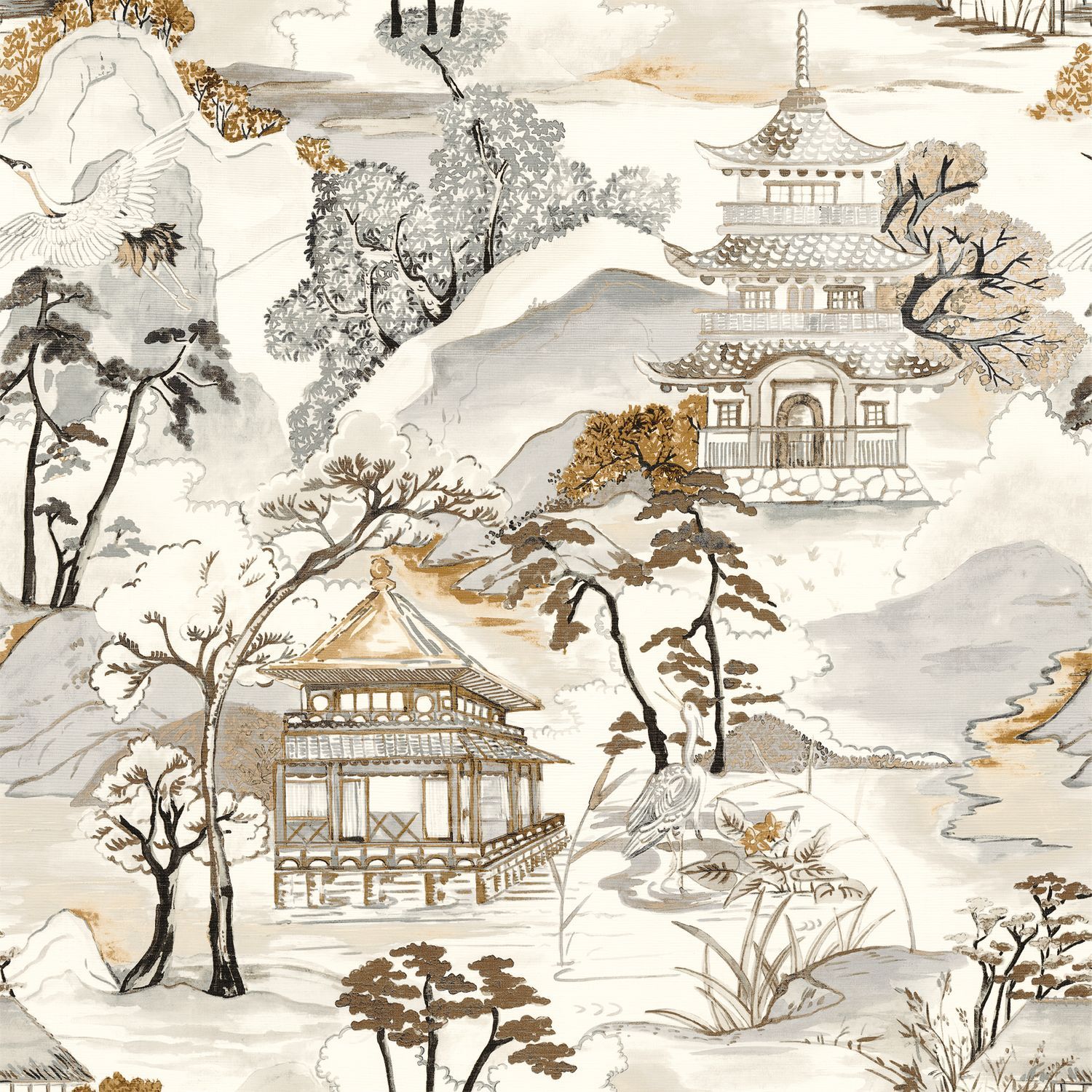 Strukturovaná tapeta s orientální krajinou NARA - BLANC/MORDORE bílá s hnědou